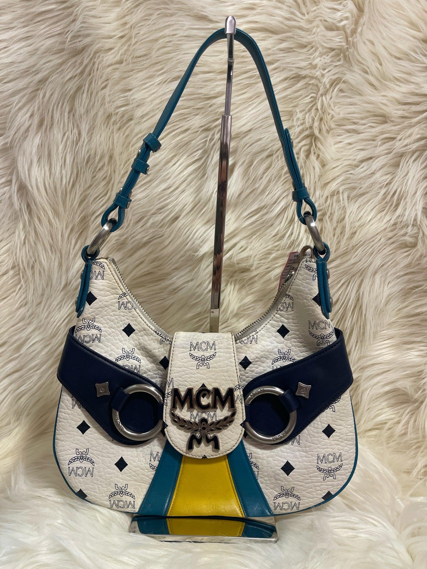 MCM VISTEOS POCHETTE SHOULDER BAG WHITE/BLUE/YELLOW/TEAL