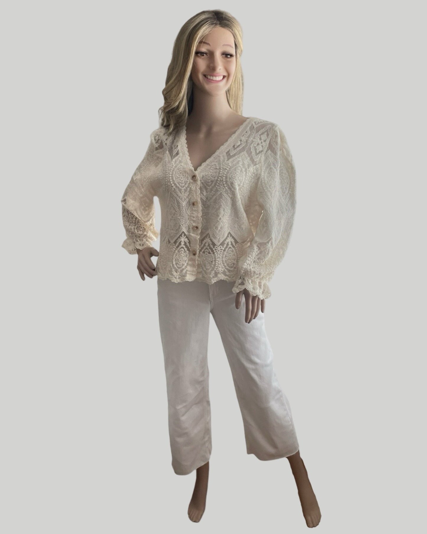 BEIGE LACE BUTTON FRONT LONG SLEEVE TOP, SEMI SHEER