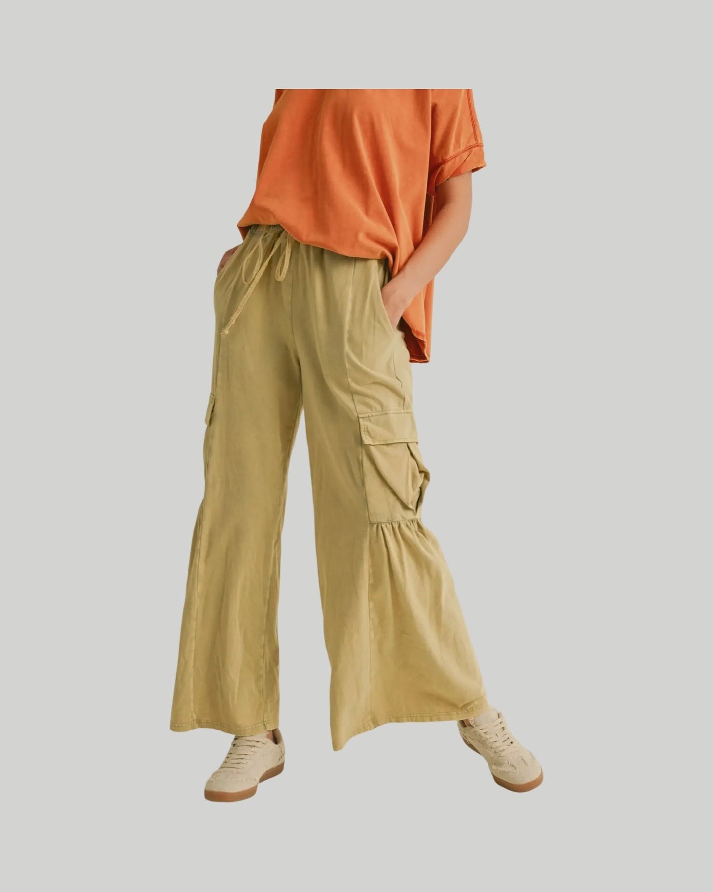 Effortless wide leg, relaxed fit cargo pants available in buttercream and cool matcha