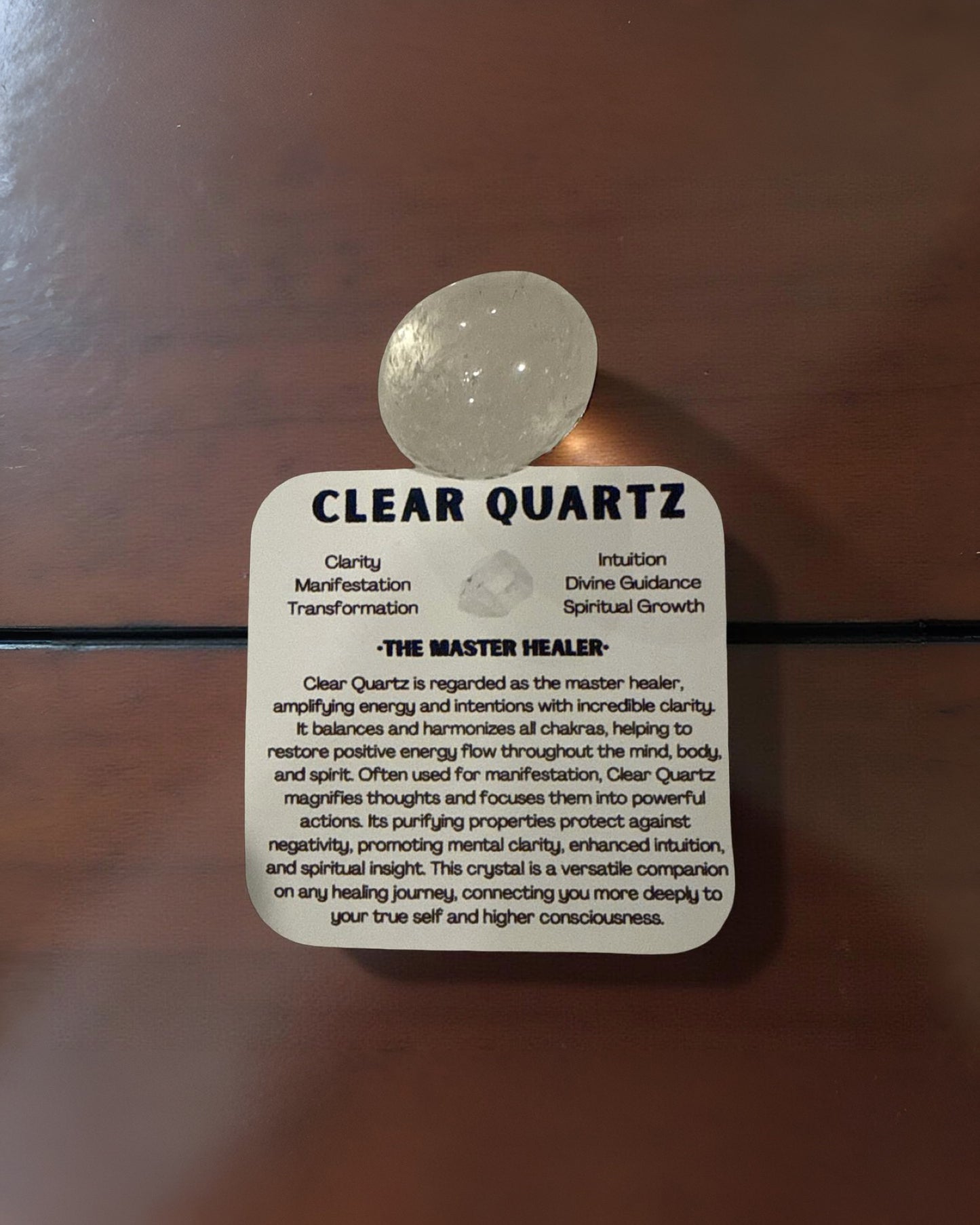 TUMBLED CRYSTALS WITH INFORMATION CARD BLACK OBSIDIAN, AMETHYST, CLEAR QUARTZ, MOSS AGATE, RHODONITE, TIGERS EYE