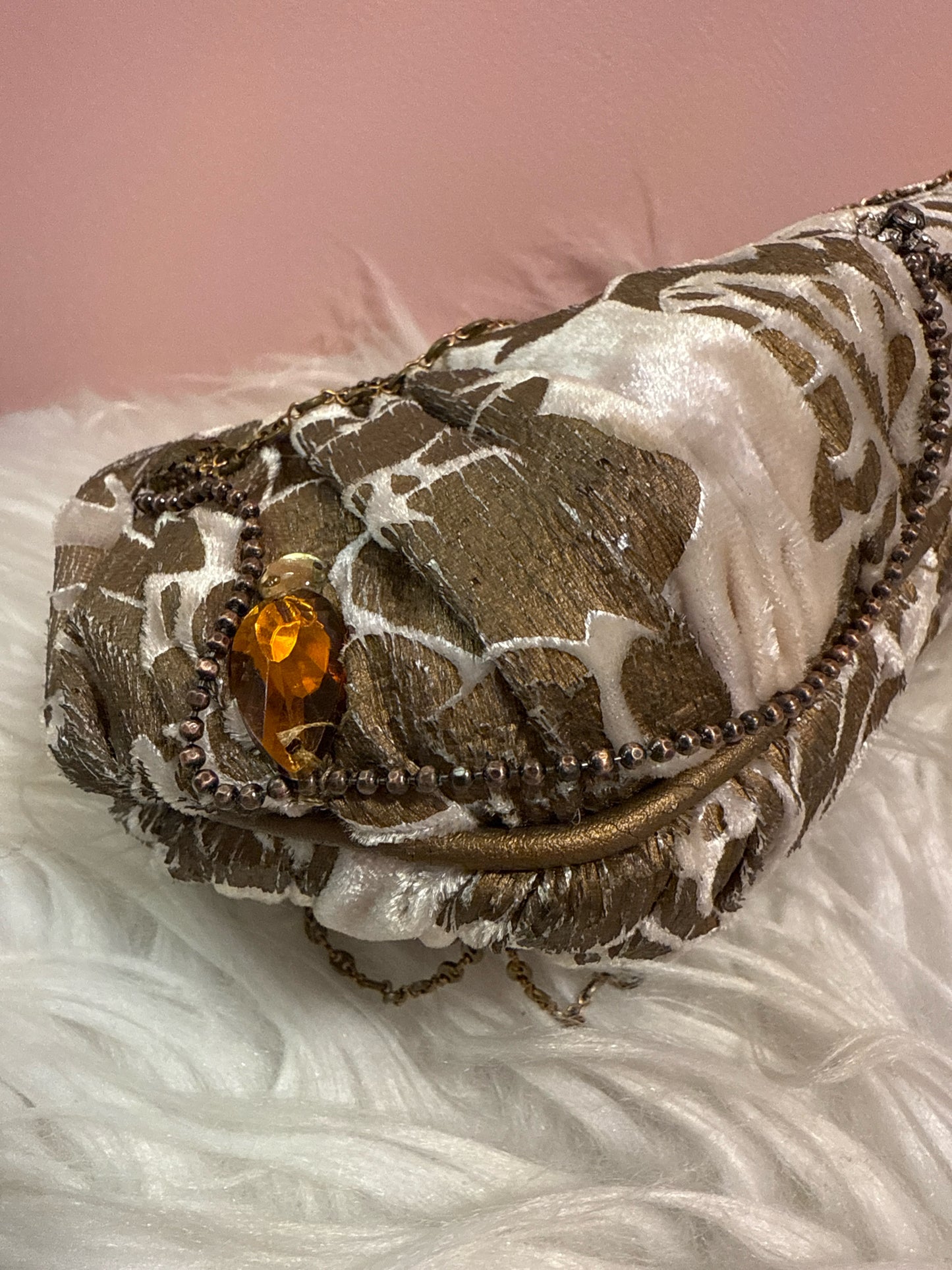Mary Frances taupe velvet fabric multi beaded strap shoulder bag