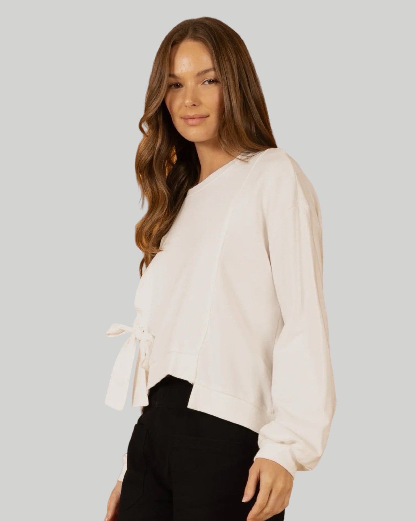 WHITE FRENCH TERRY SWEATSHIRT WITH SIDE TIE DETAIL