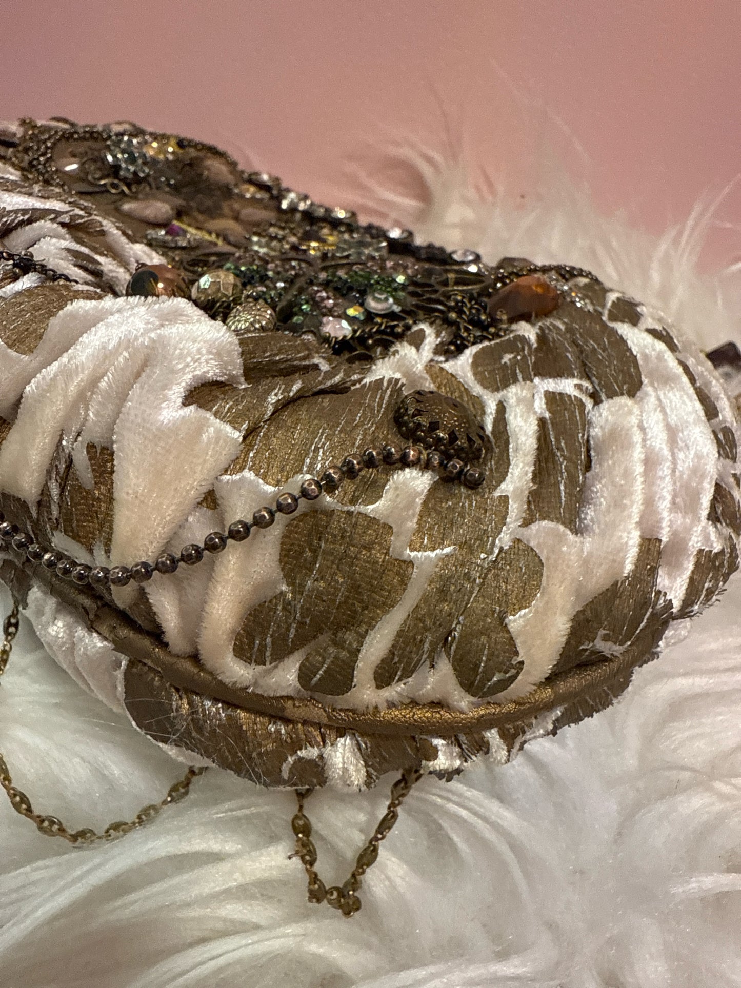 Mary Frances taupe velvet fabric multi beaded strap shoulder bag