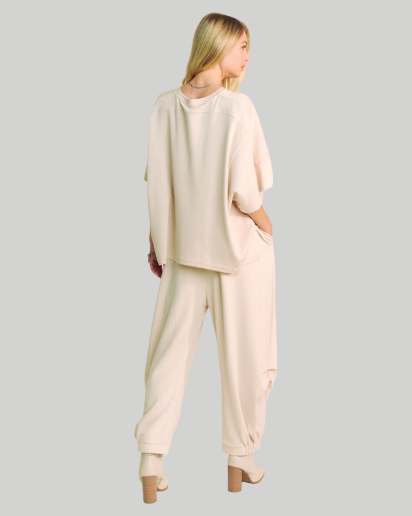 BEIGE SOLID FLOWY TOP WITH ELASTIC WAIST WIDE LEG PANTS SET