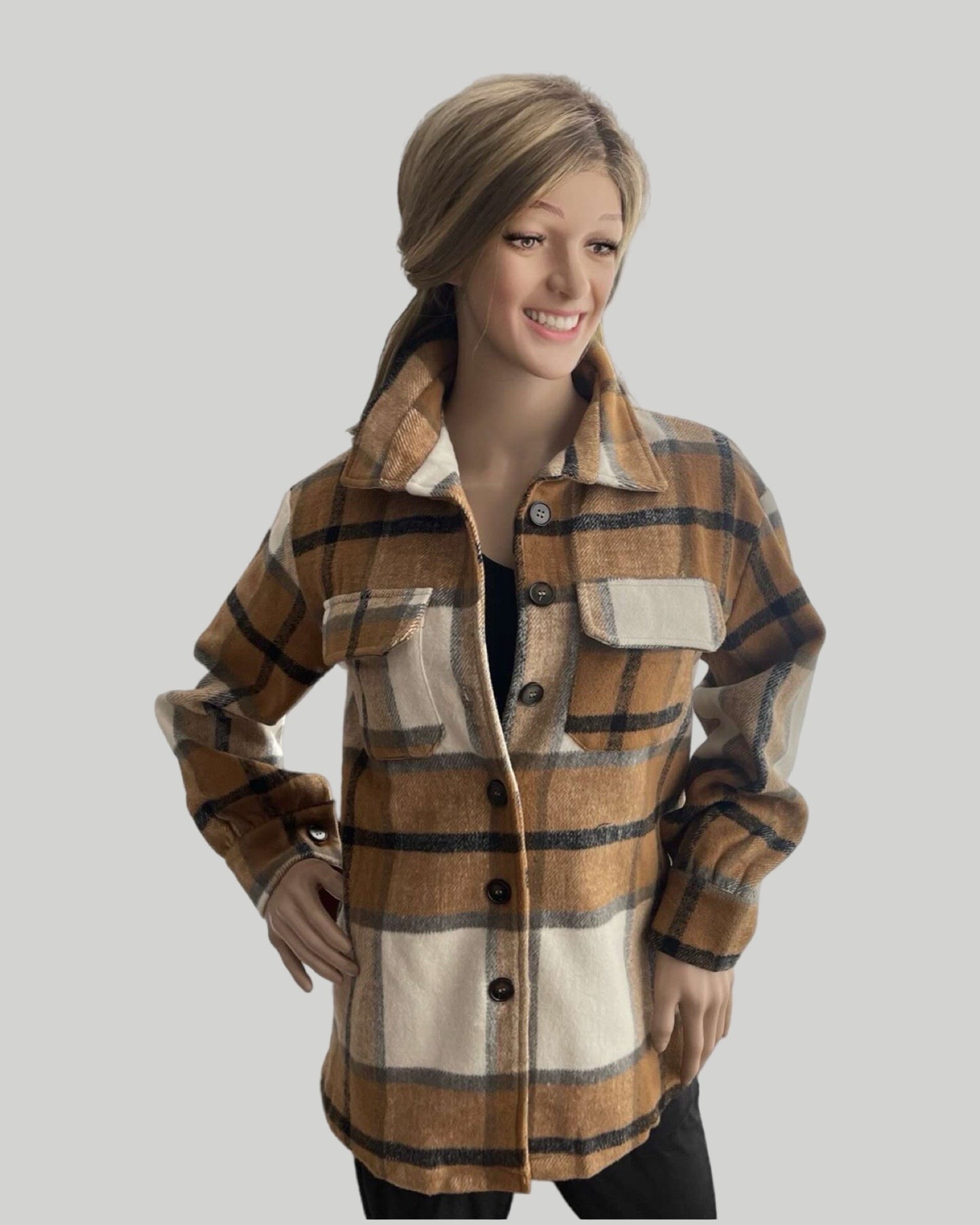 BROWN PLAID BUTTON FRONT SHACKET