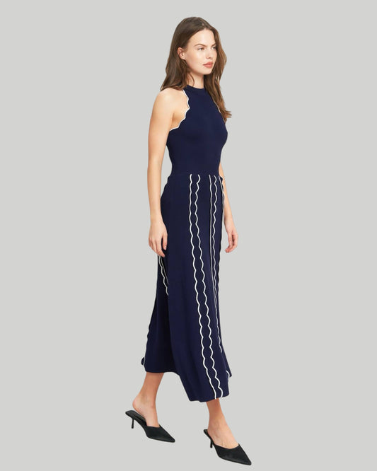 Navy and Ivory Halter Knit Midi Dress