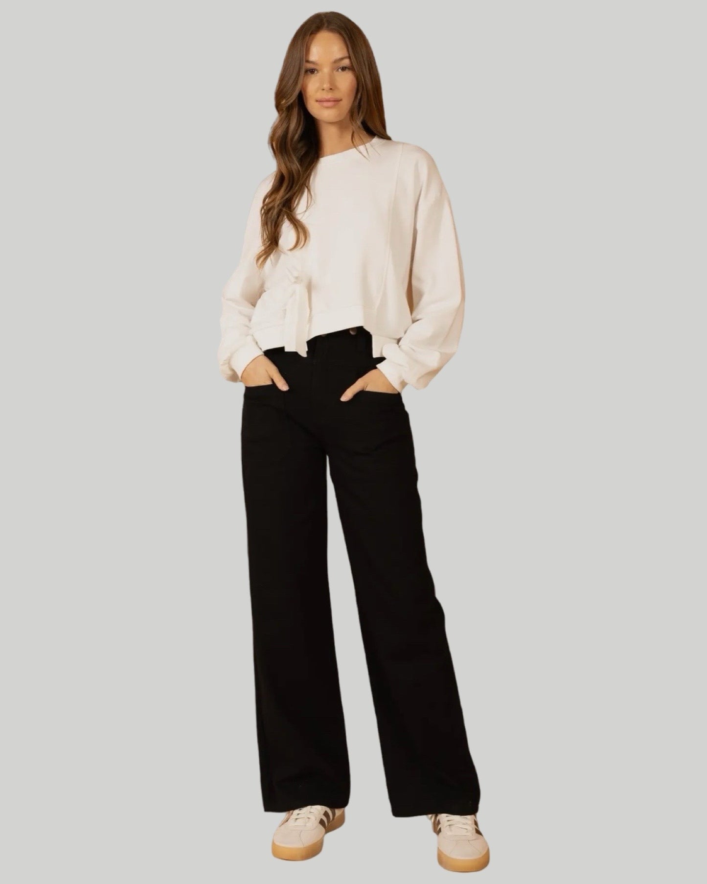 WHITE FRENCH TERRY SWEATSHIRT WITH SIDE TIE DETAIL