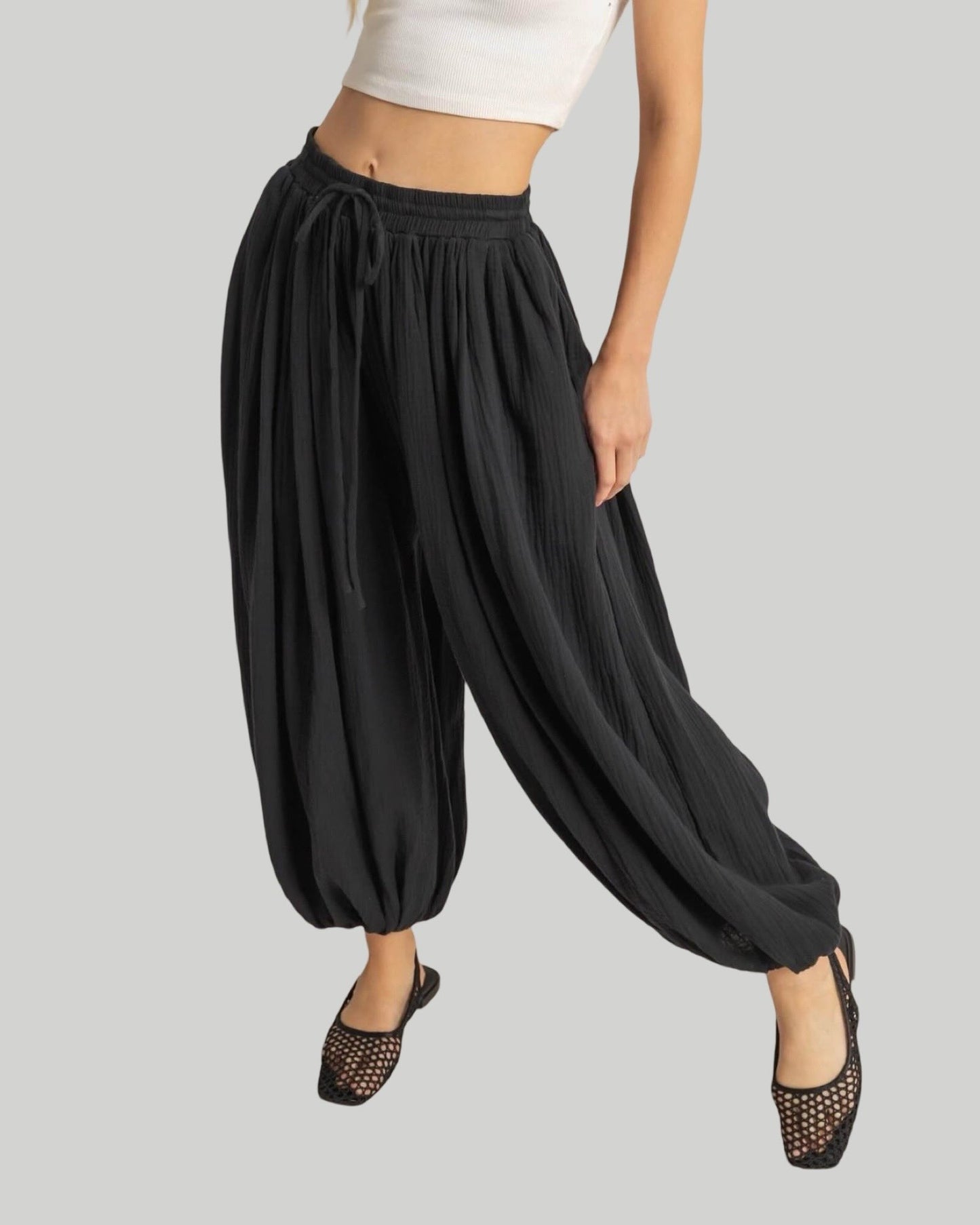 DOUBLE GAUZE BLACK HIGH WAIST BAGGY PANTS