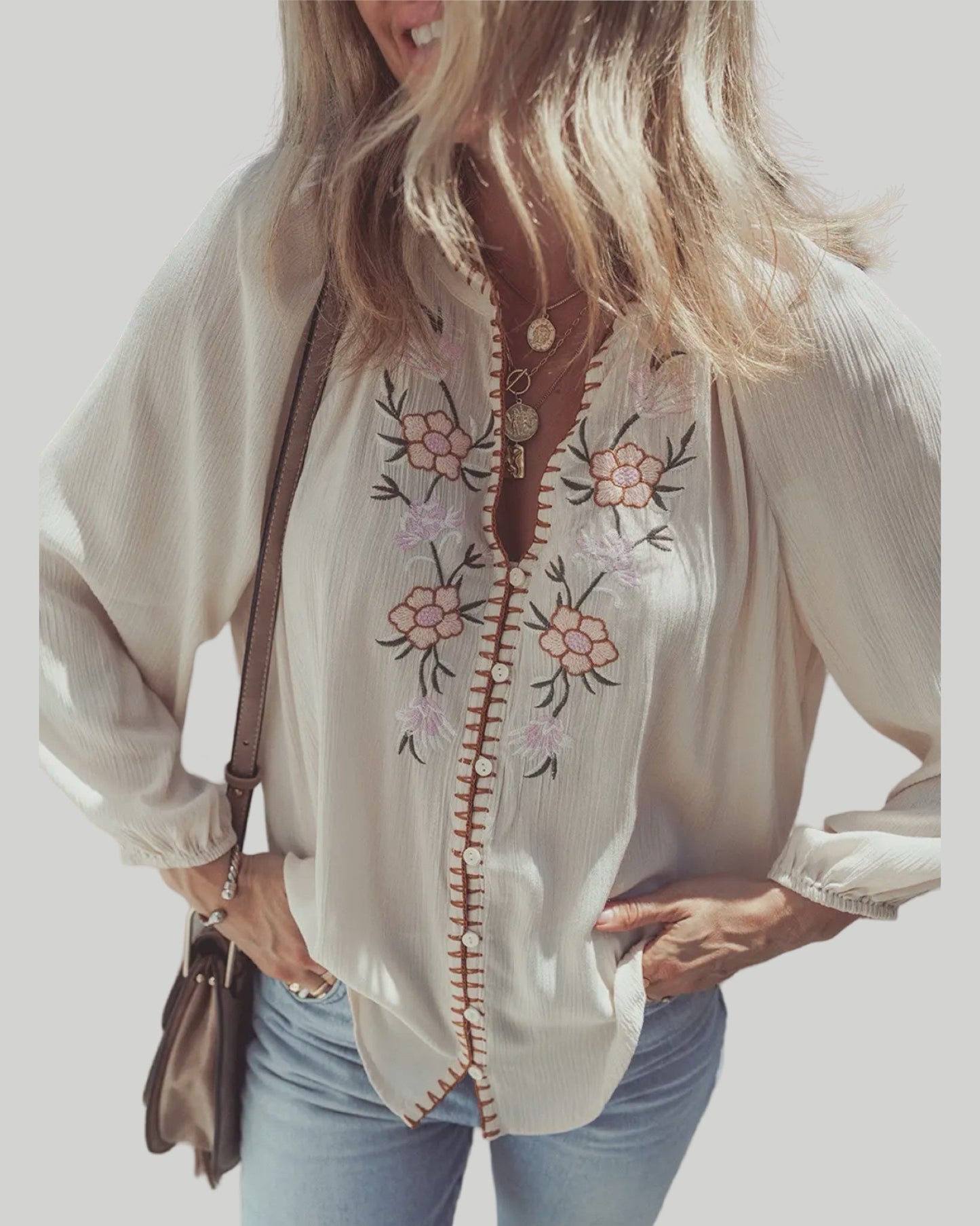FLORAL EMBROIDERED TEXTURED PUFF LONG SLEEVE LOOSE TOP