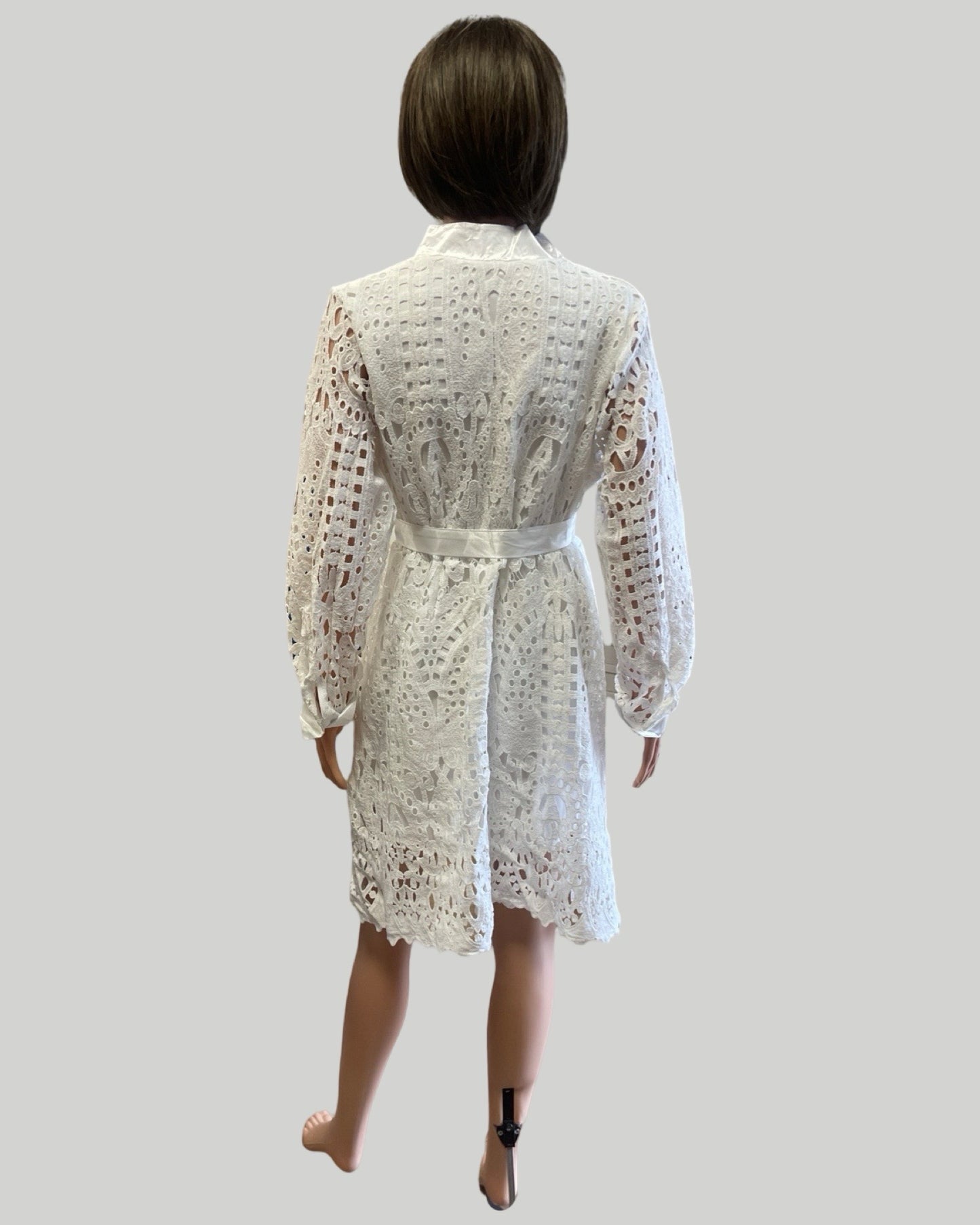 WHITE LONG SLEEVE HOLOW-OUT, BUTTON FRONT DRESS SELF TIE BELT