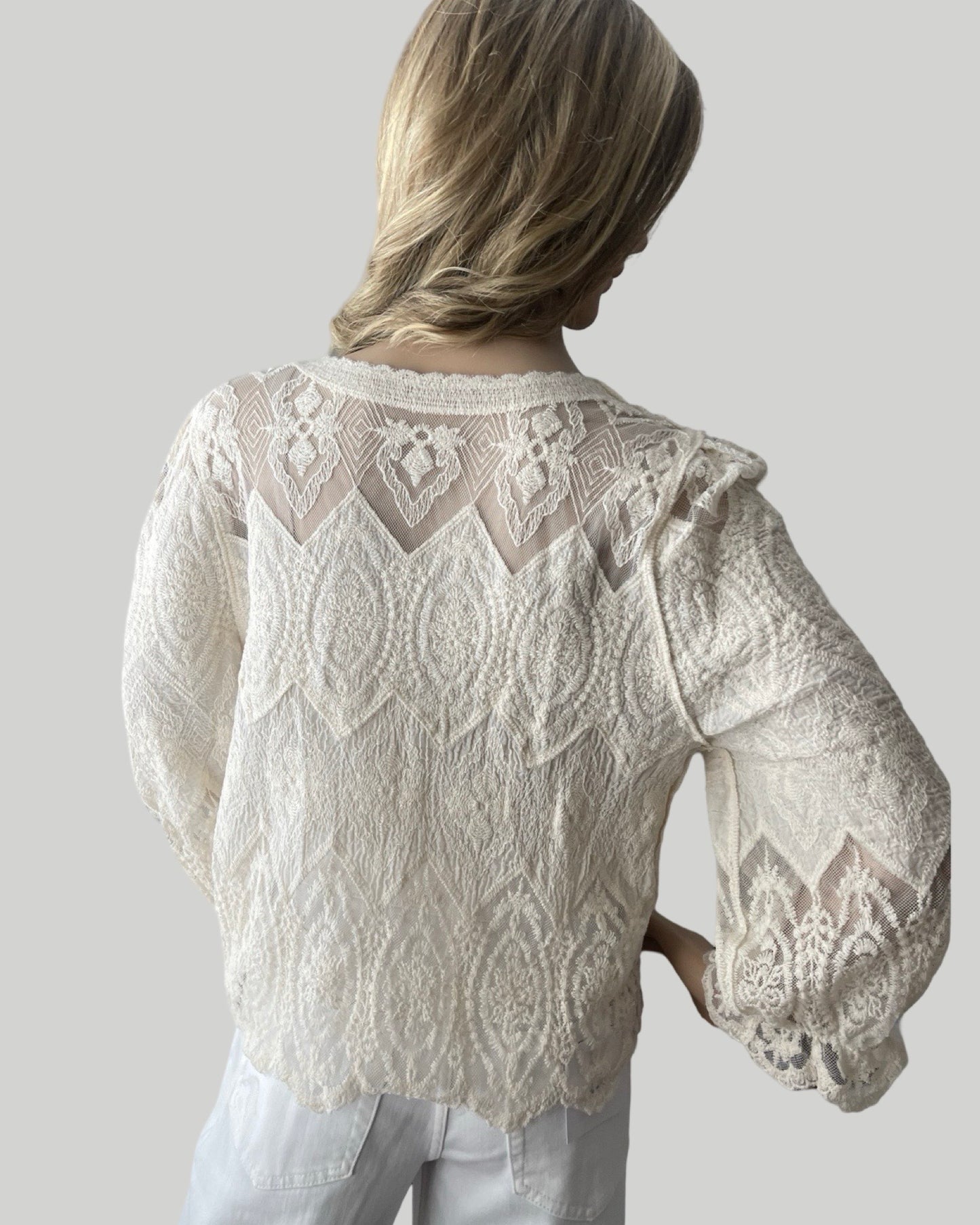 BEIGE LACE BUTTON FRONT LONG SLEEVE TOP, SEMI SHEER