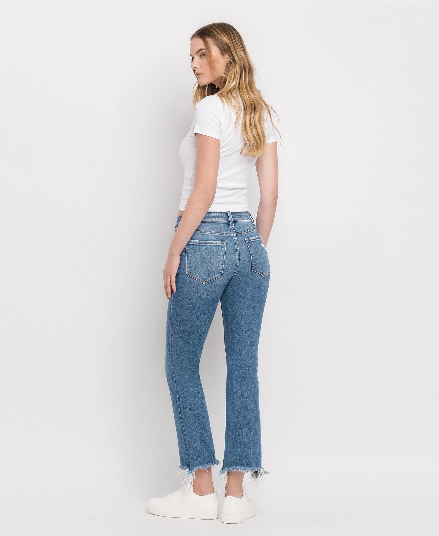 Mid rise distressed raw hem ankle boot cut quince jeans