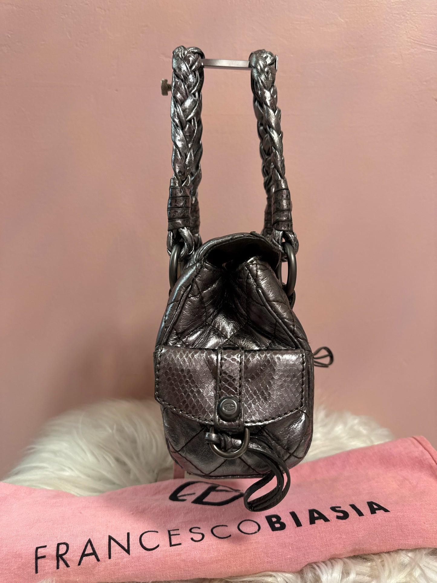 FRANCESCO BIASIA QUILTED PEWTER MINI HANDBAG BRAIDED HANDLES W DUST
