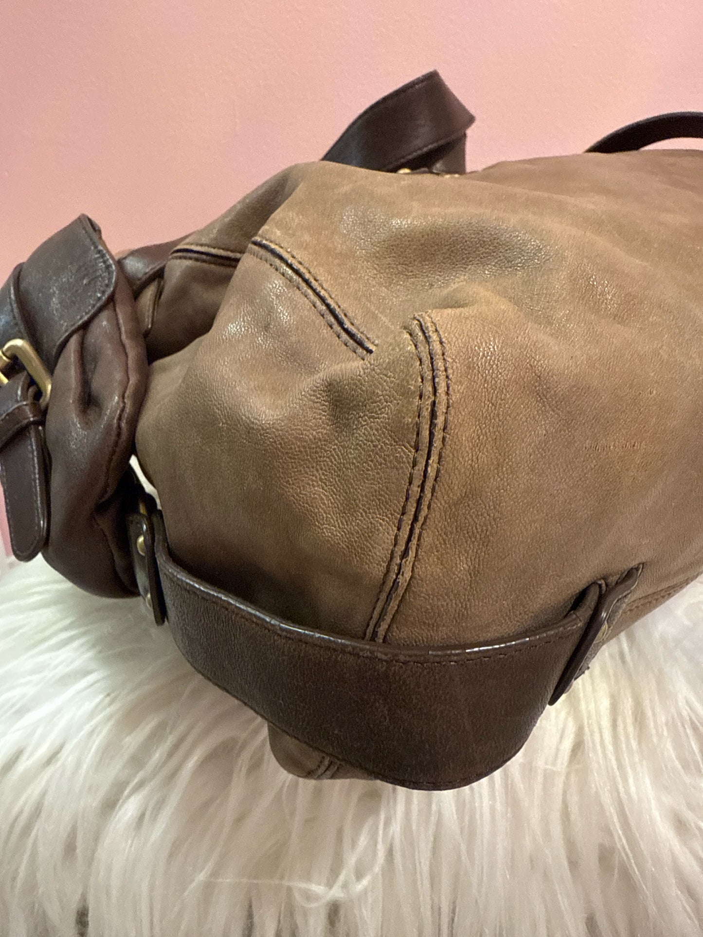 Kooba chocolate brown and tan leather shoulder bag