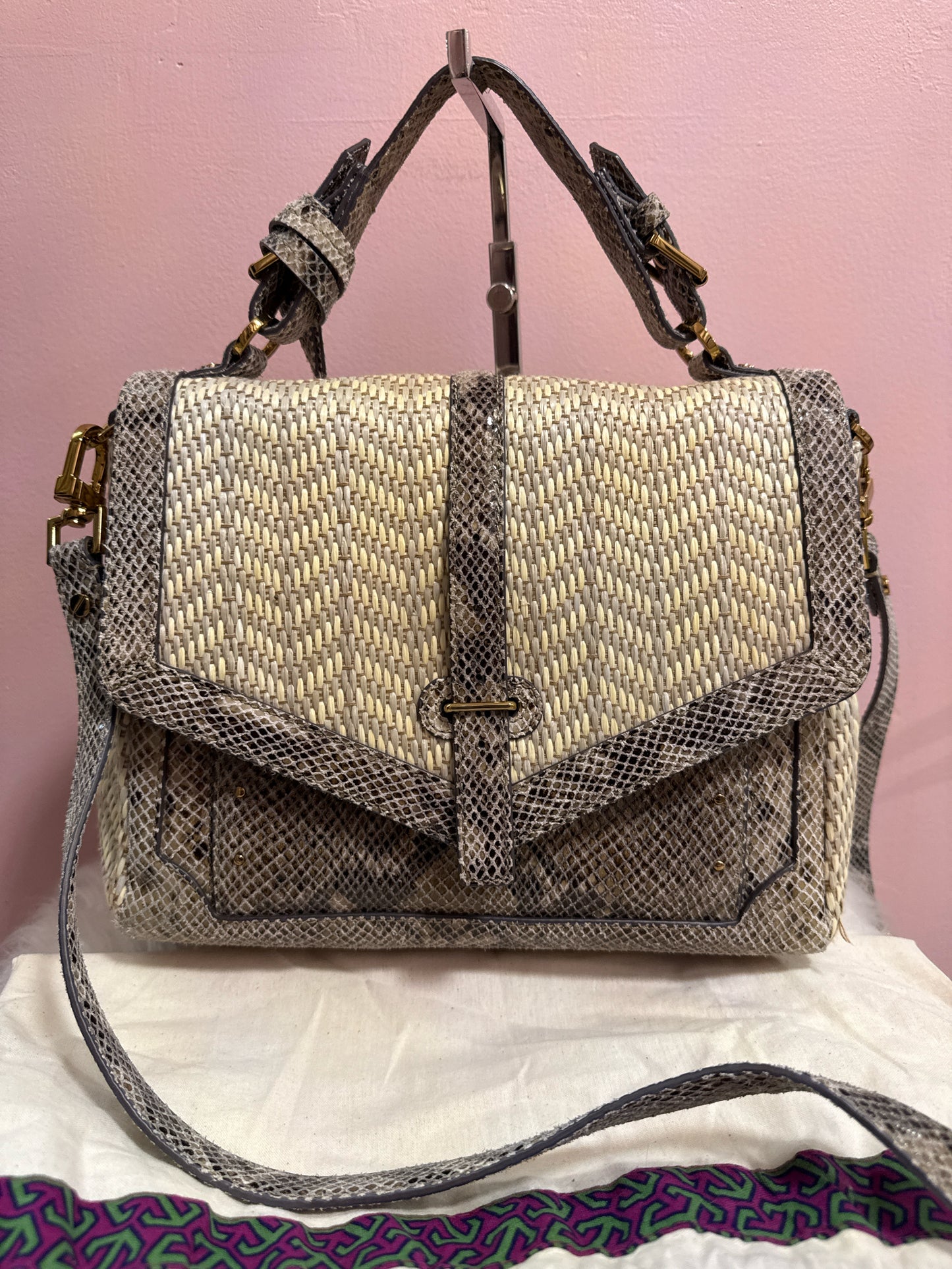 Tory Burch 797 raffia and snake print satchel with shoulder strap and dust bag