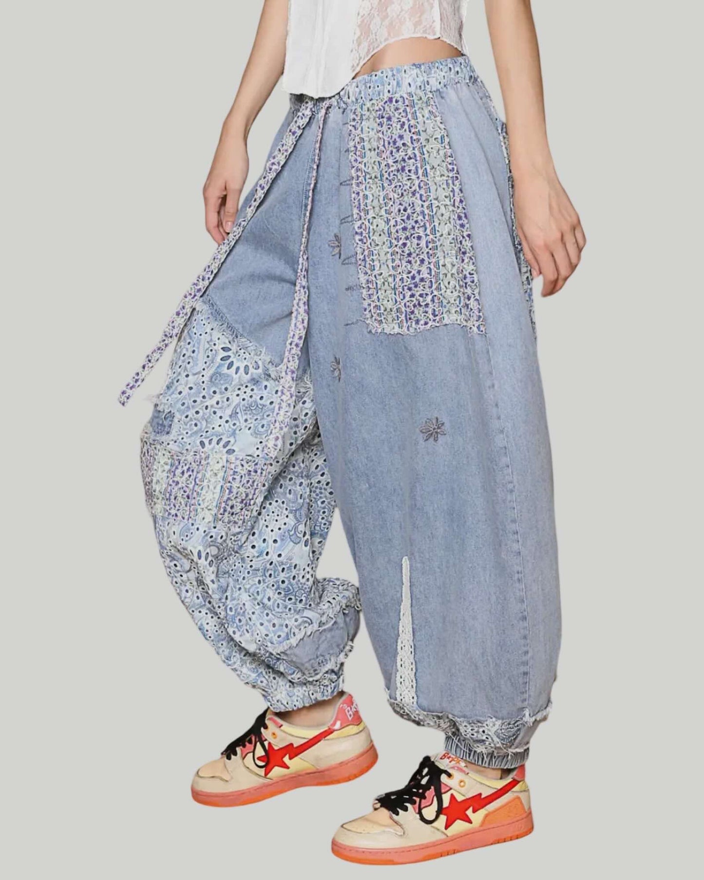 FLORAL PRINT PATCHWORK TWILL JOGER PANTS