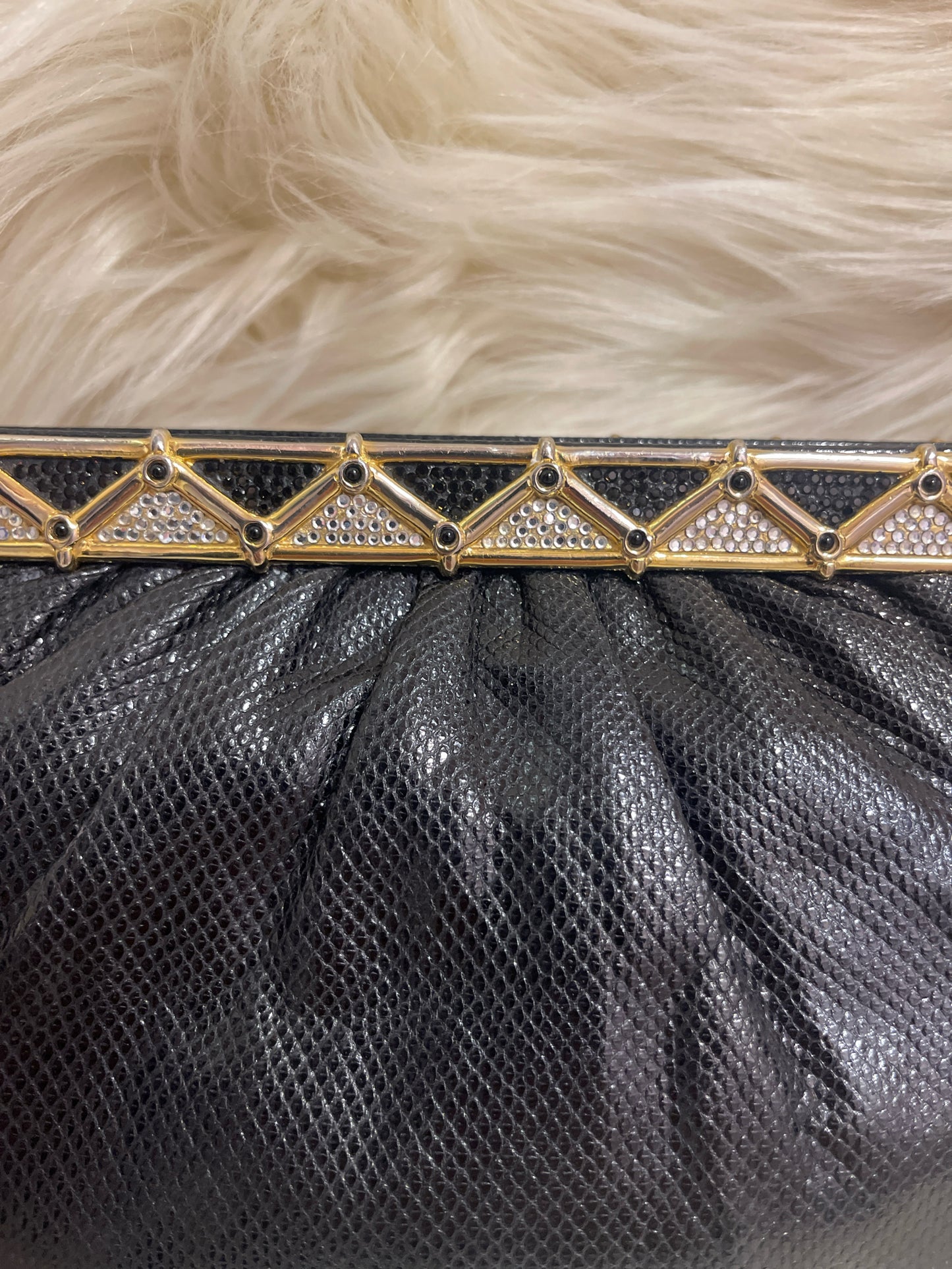 JUDITH LEIBER BLACK LIZARD LEATHER STRAP SHOULDER/CLUTCH RHINESTONES