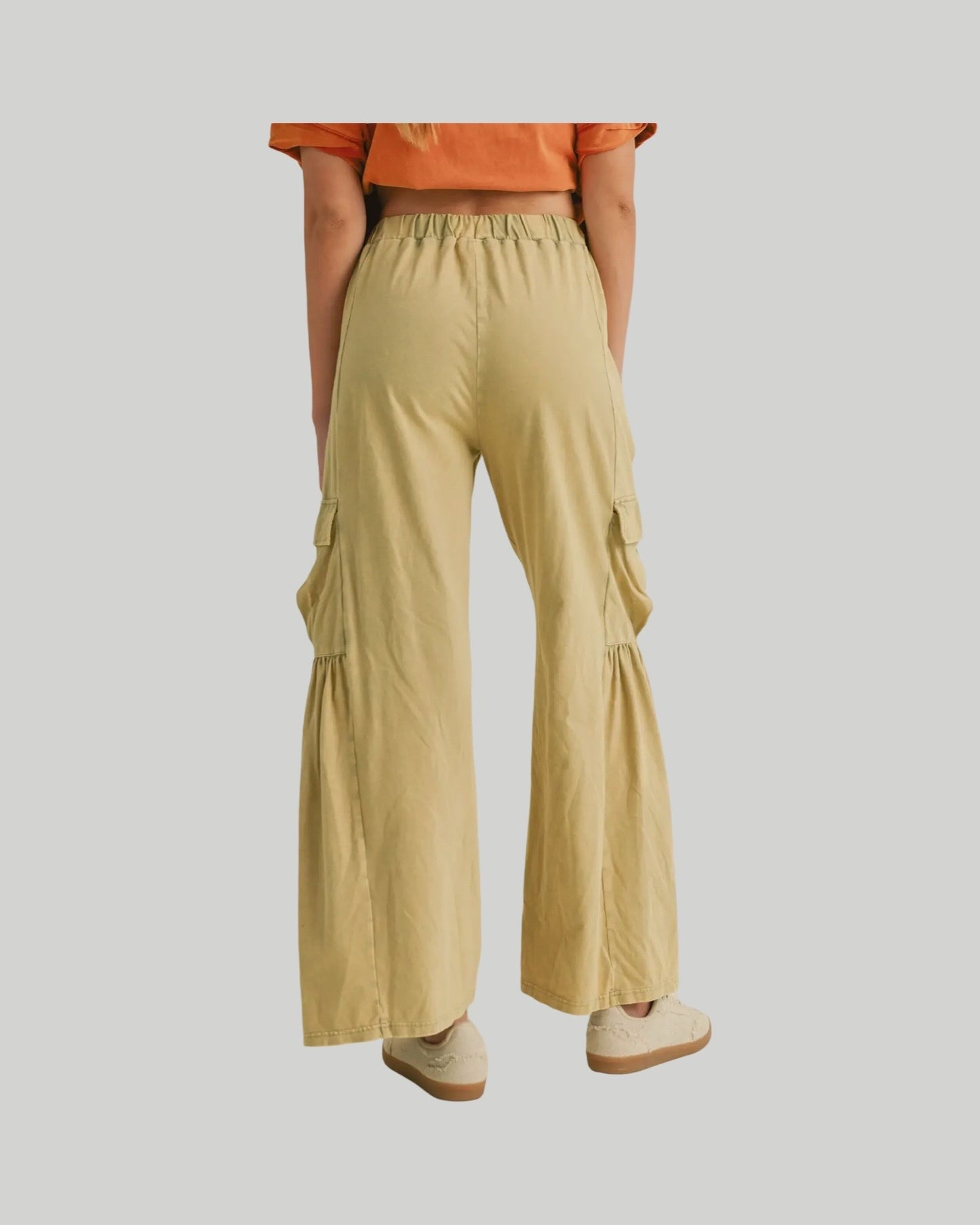 Effortless wide leg, relaxed fit cargo pants available in buttercream and cool matcha