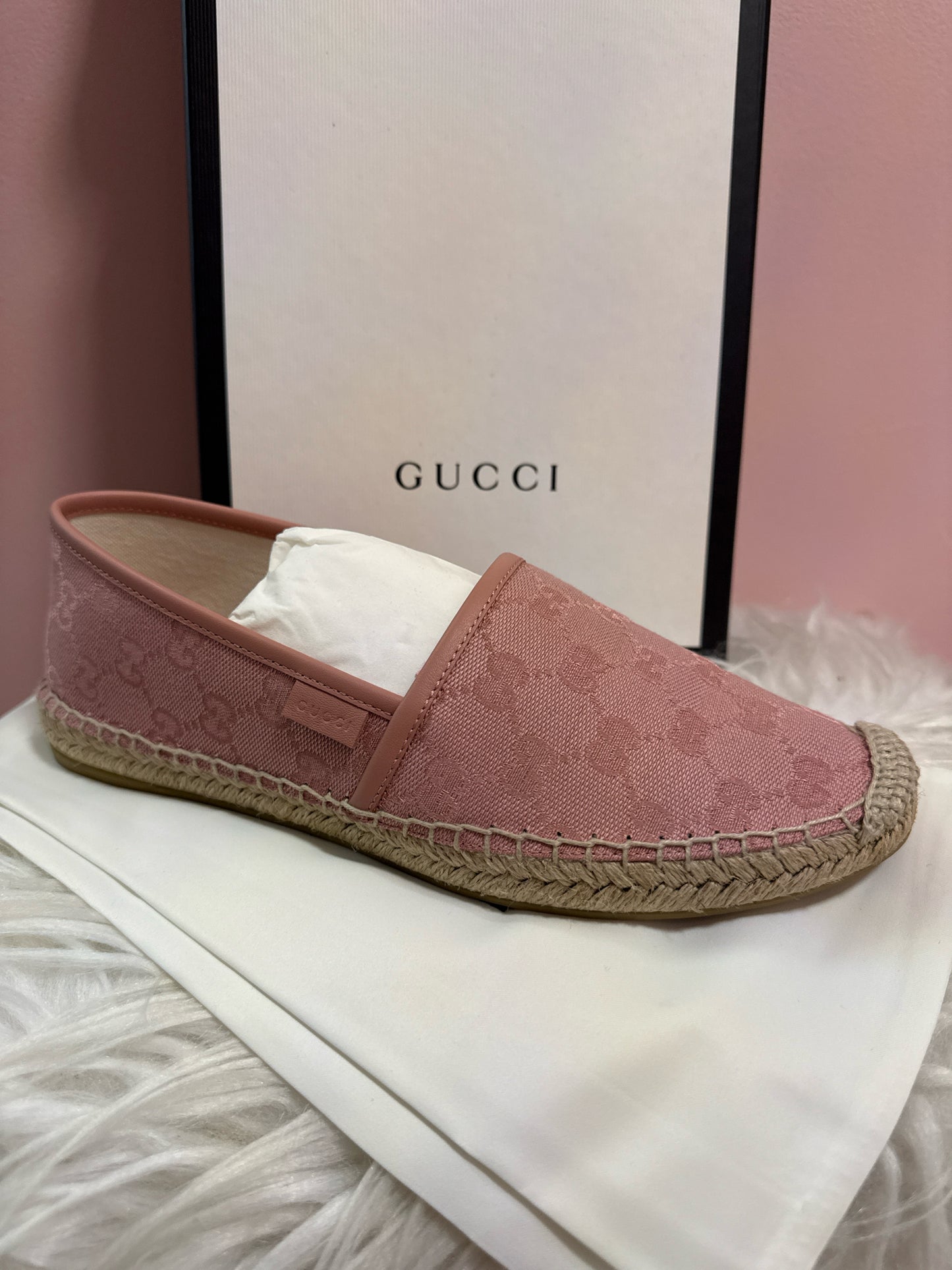 Gucci pink espadrilles with box and dust bag