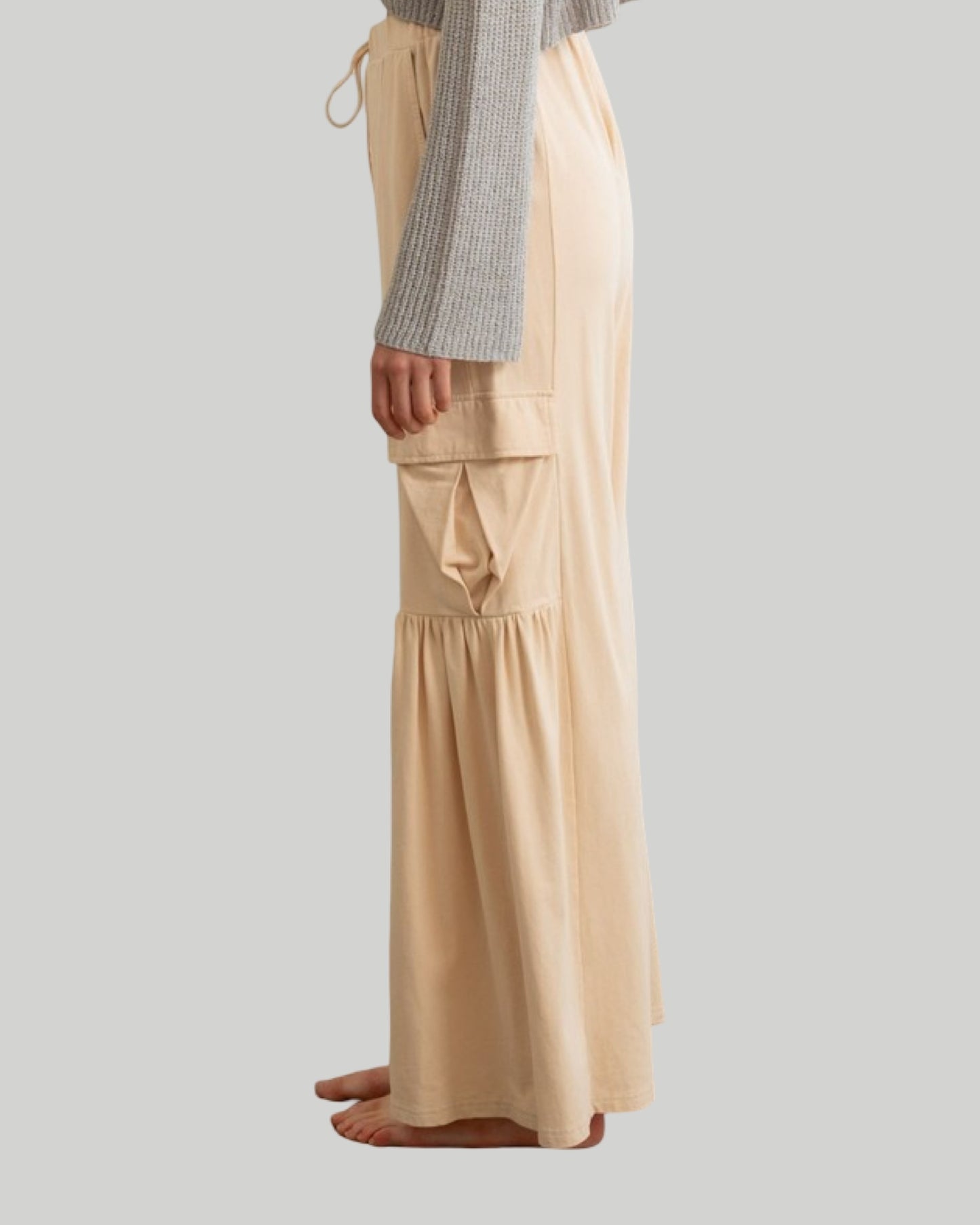 Effortless wide leg, relaxed fit cargo pants available in buttercream and cool matcha
