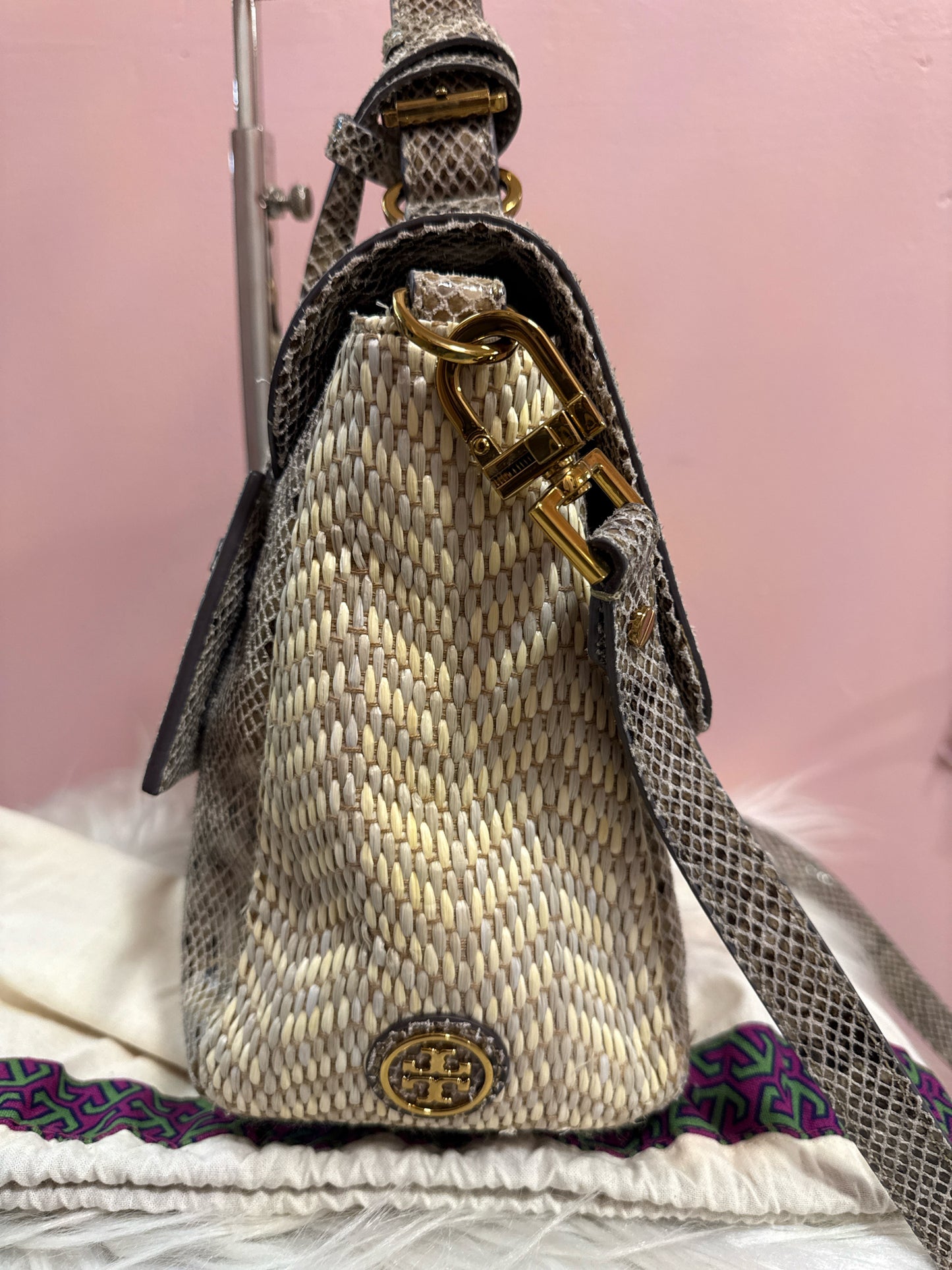 Tory Burch 797 raffia and snake print satchel with shoulder strap and dust bag