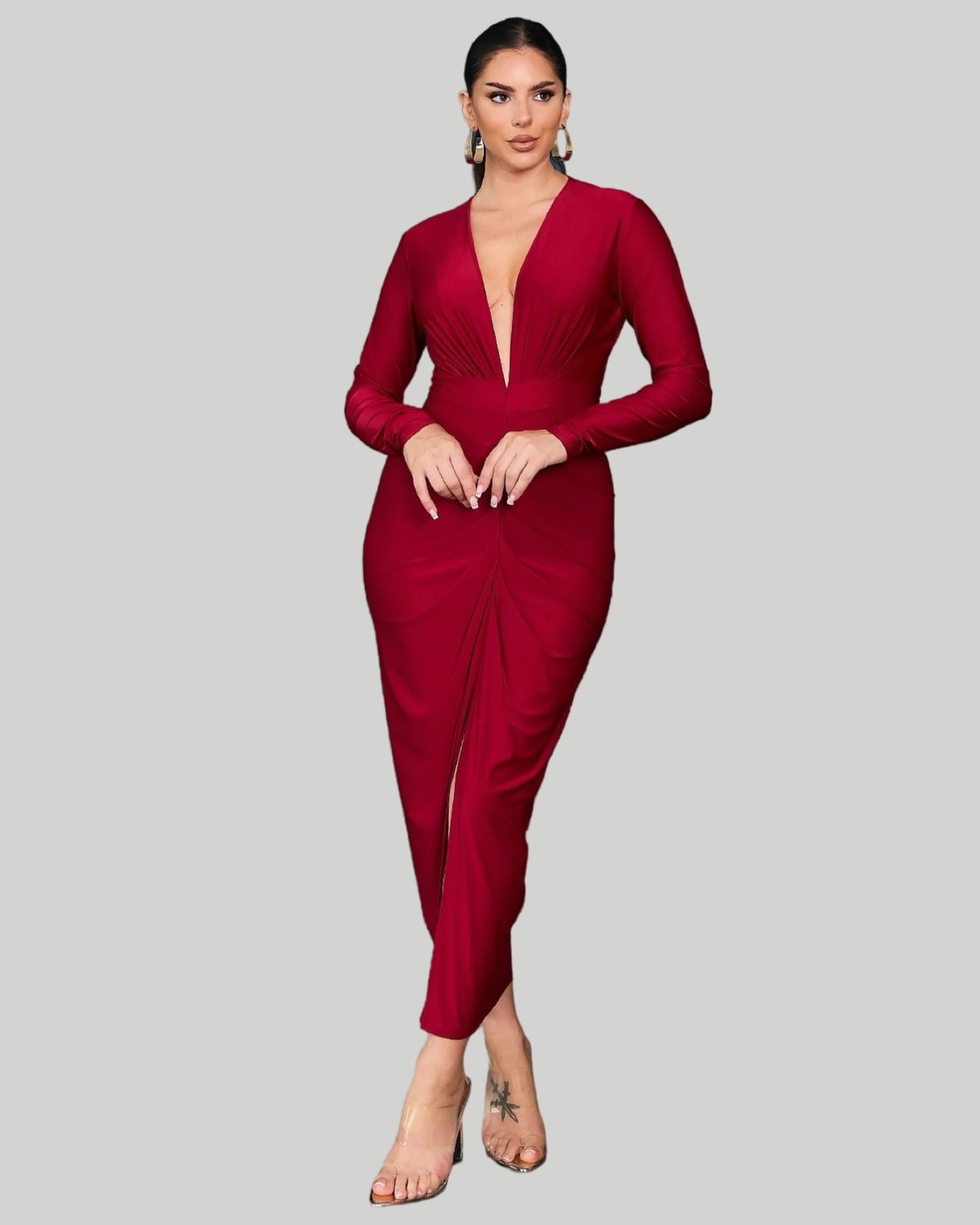 SOLID LONG SLEEVE DEEP V MIDI DRESS