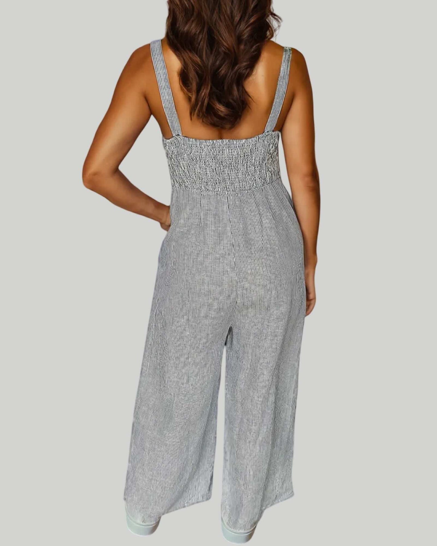 STRIPE HALF BUTTONED SLEEVELESS WIDE LEG JUMPSUIT