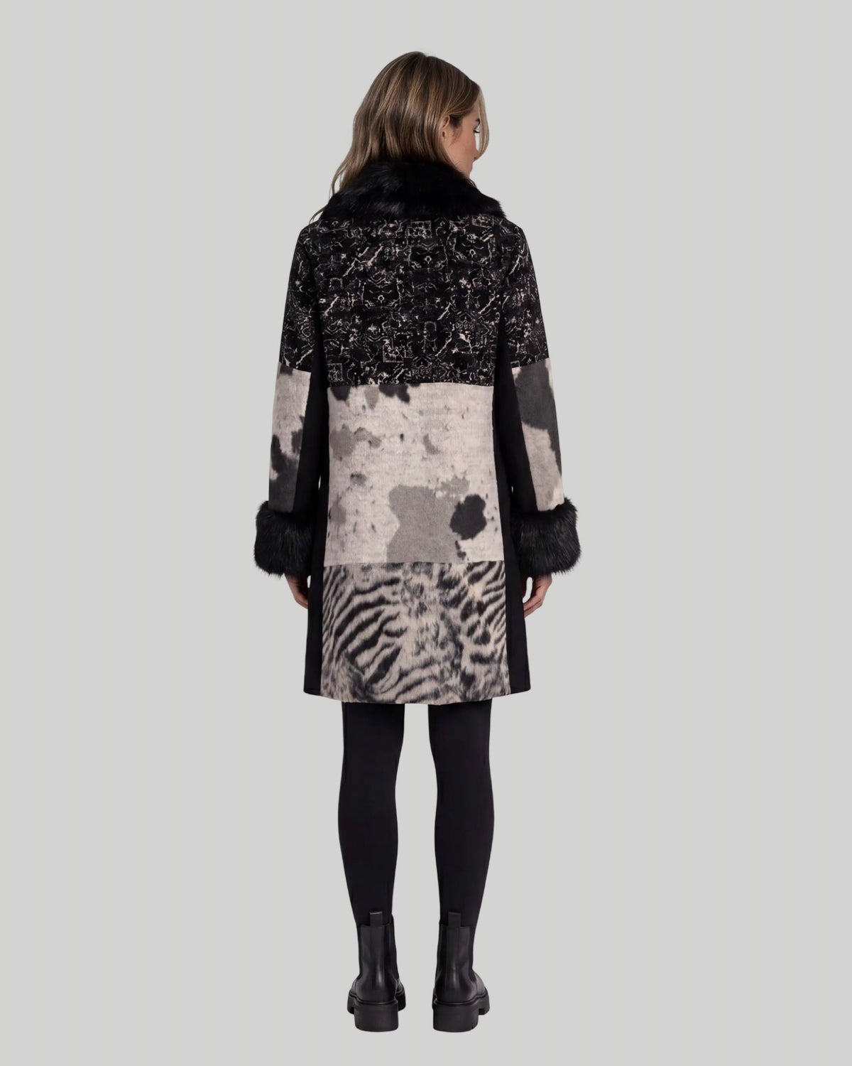 Mixed Media Faux Fur Statement Coat in Black