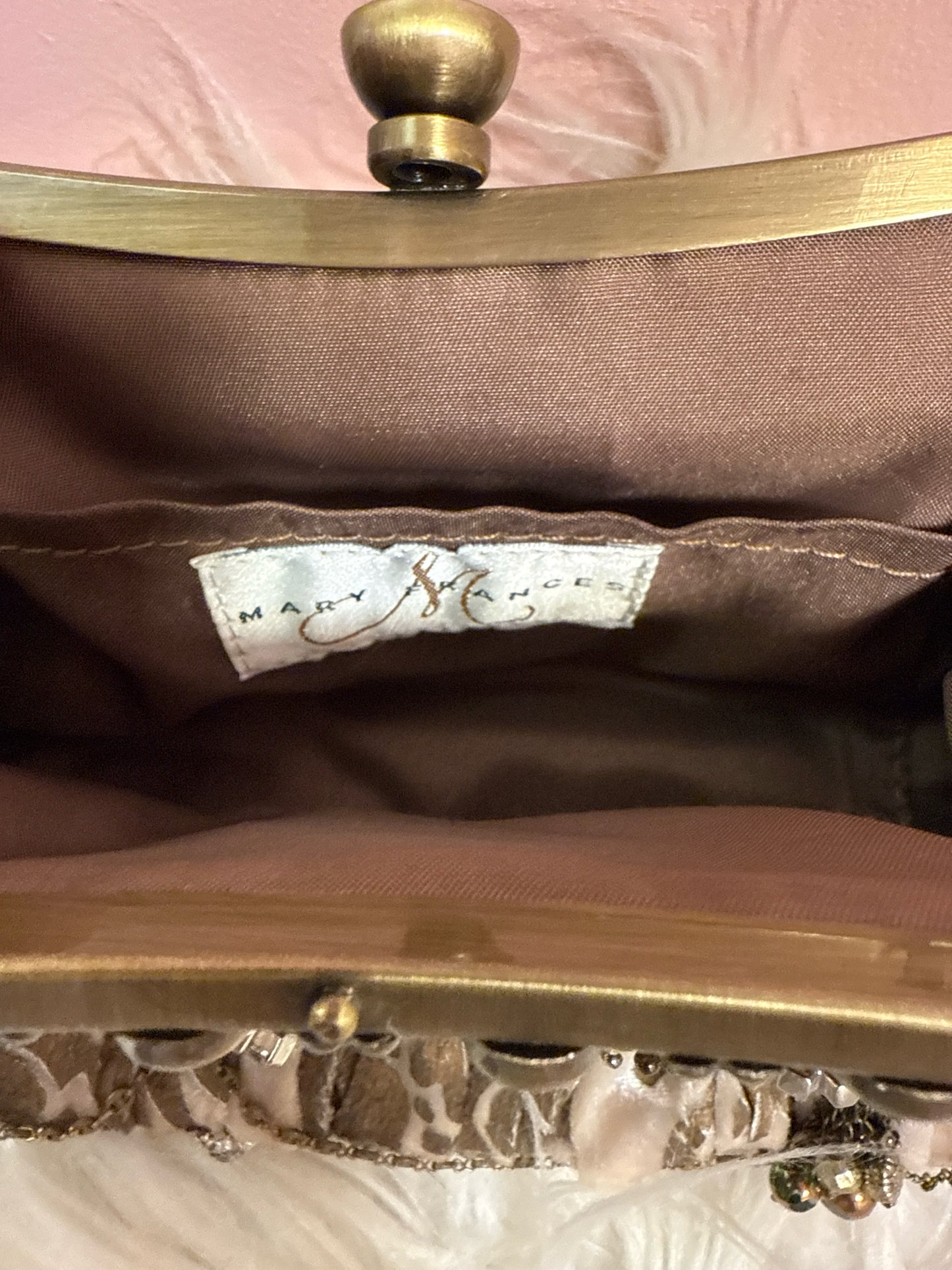 Mary Frances taupe velvet fabric multi beaded strap shoulder bag