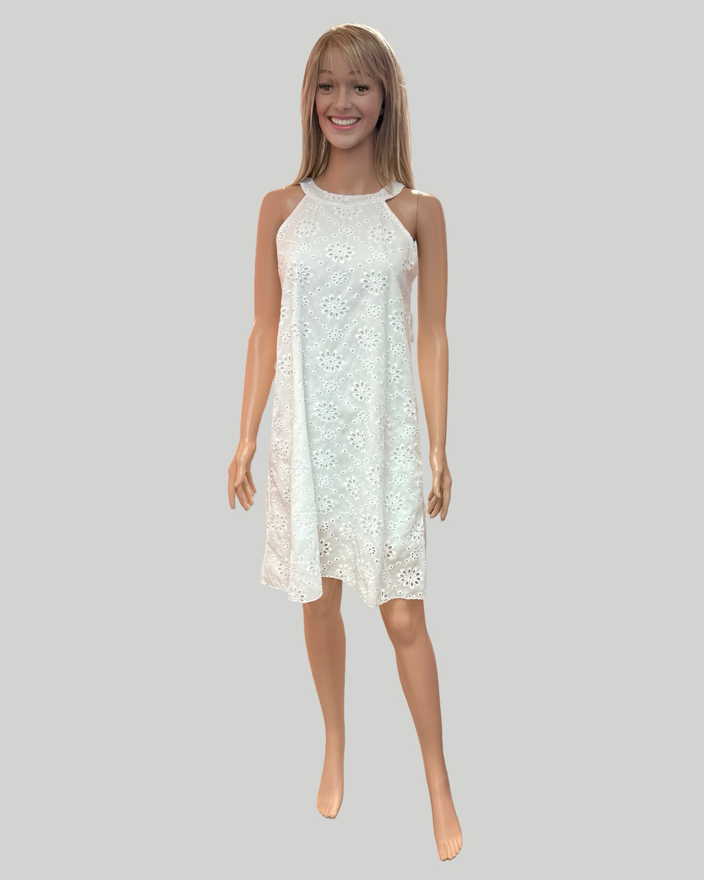 White eyelet embroidered halter dress