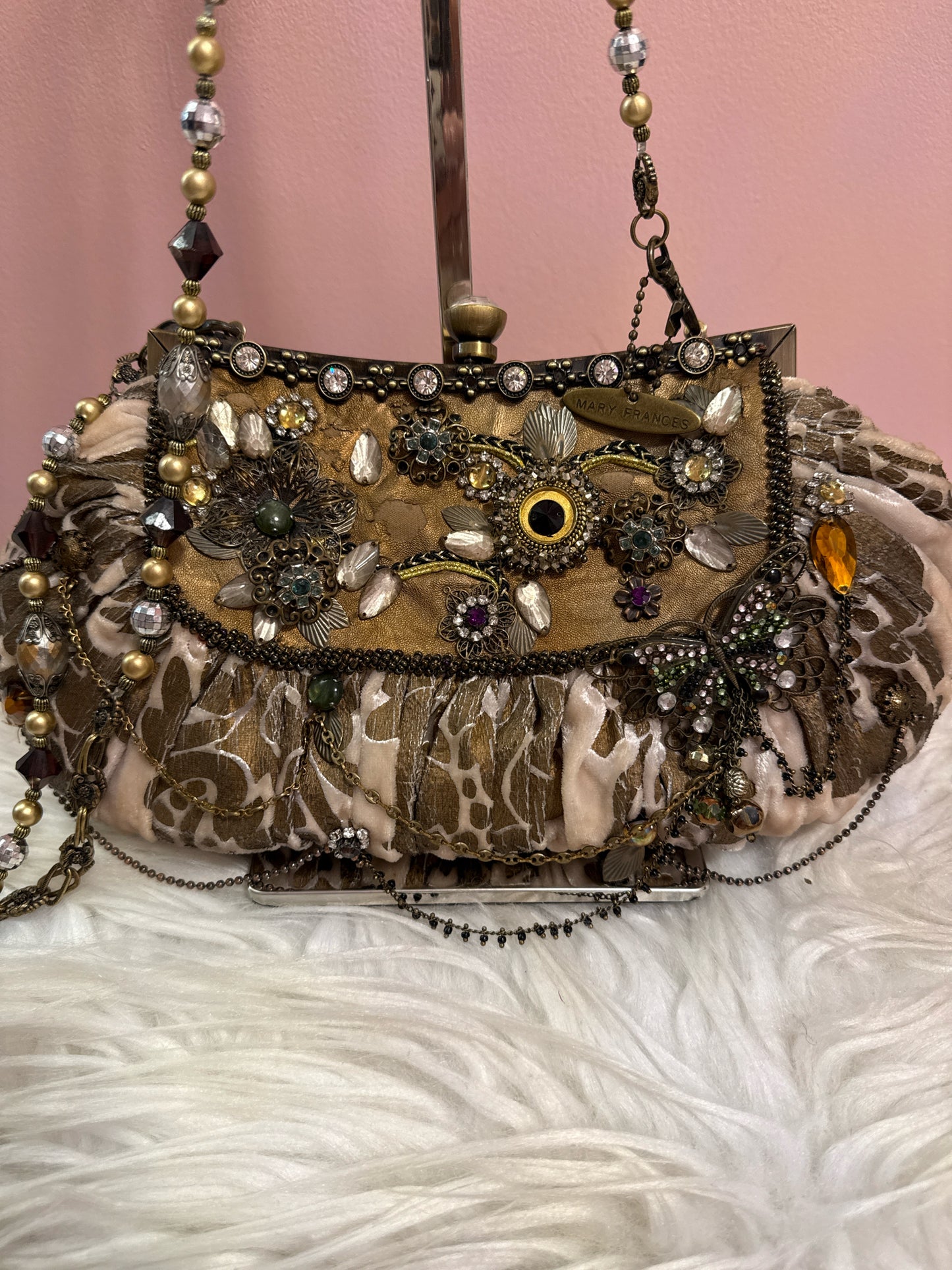 Mary Frances taupe velvet fabric multi beaded strap shoulder bag