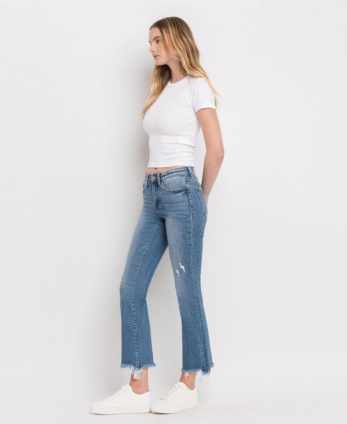 Mid rise distressed raw hem ankle boot cut quince jeans
