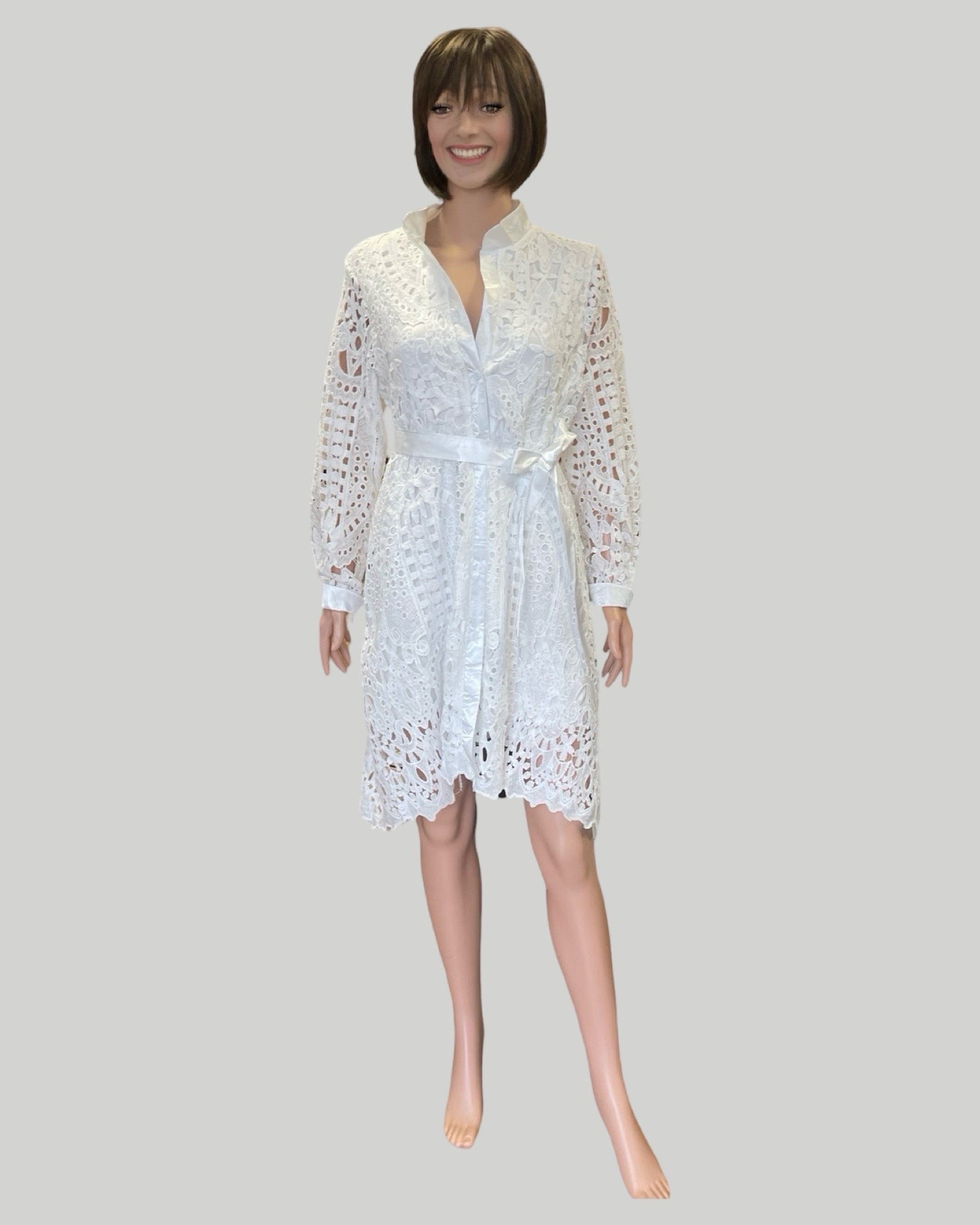 WHITE LONG SLEEVE HOLOW-OUT, BUTTON FRONT DRESS SELF TIE BELT