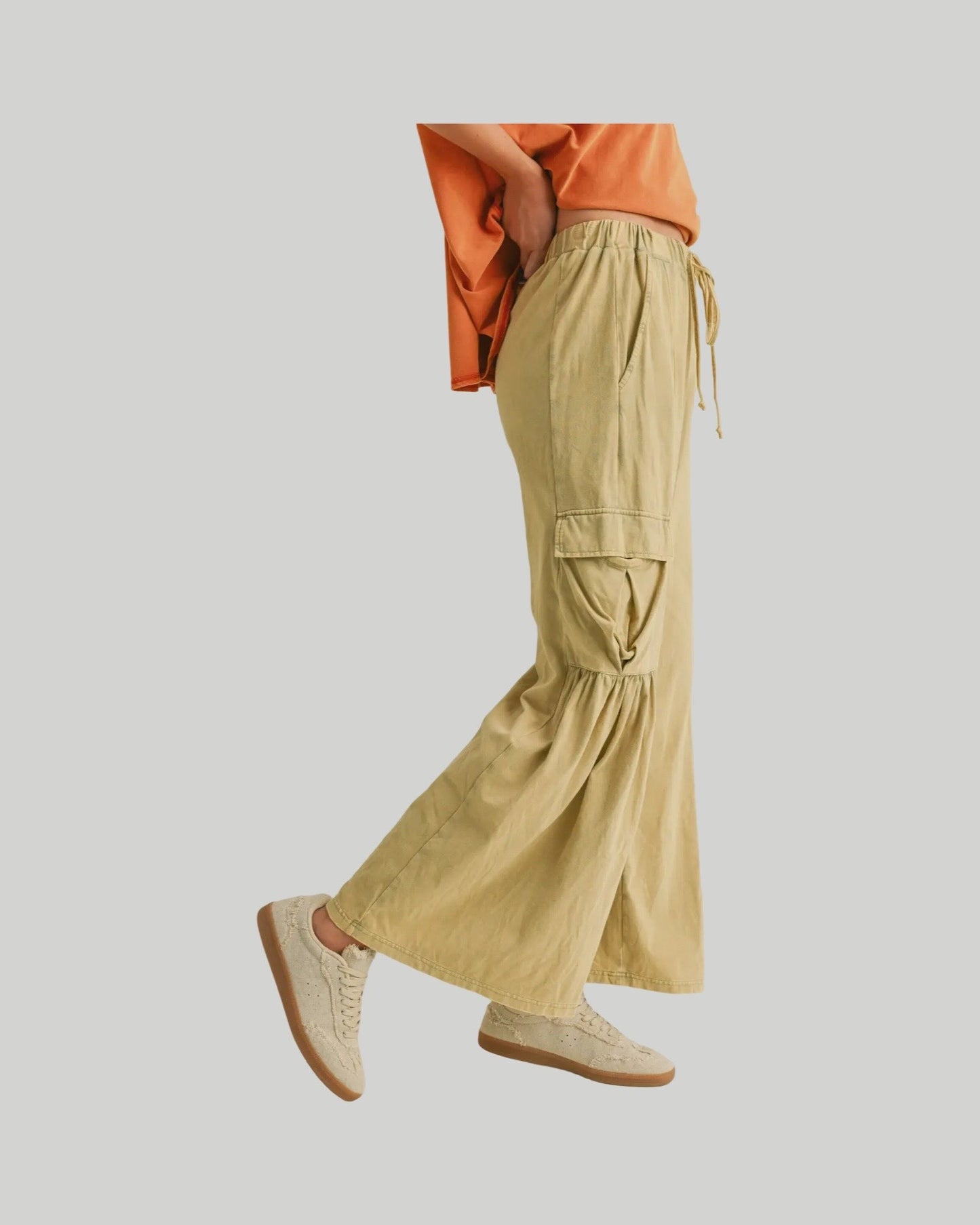 Effortless wide leg, relaxed fit cargo pants available in buttercream and cool matcha