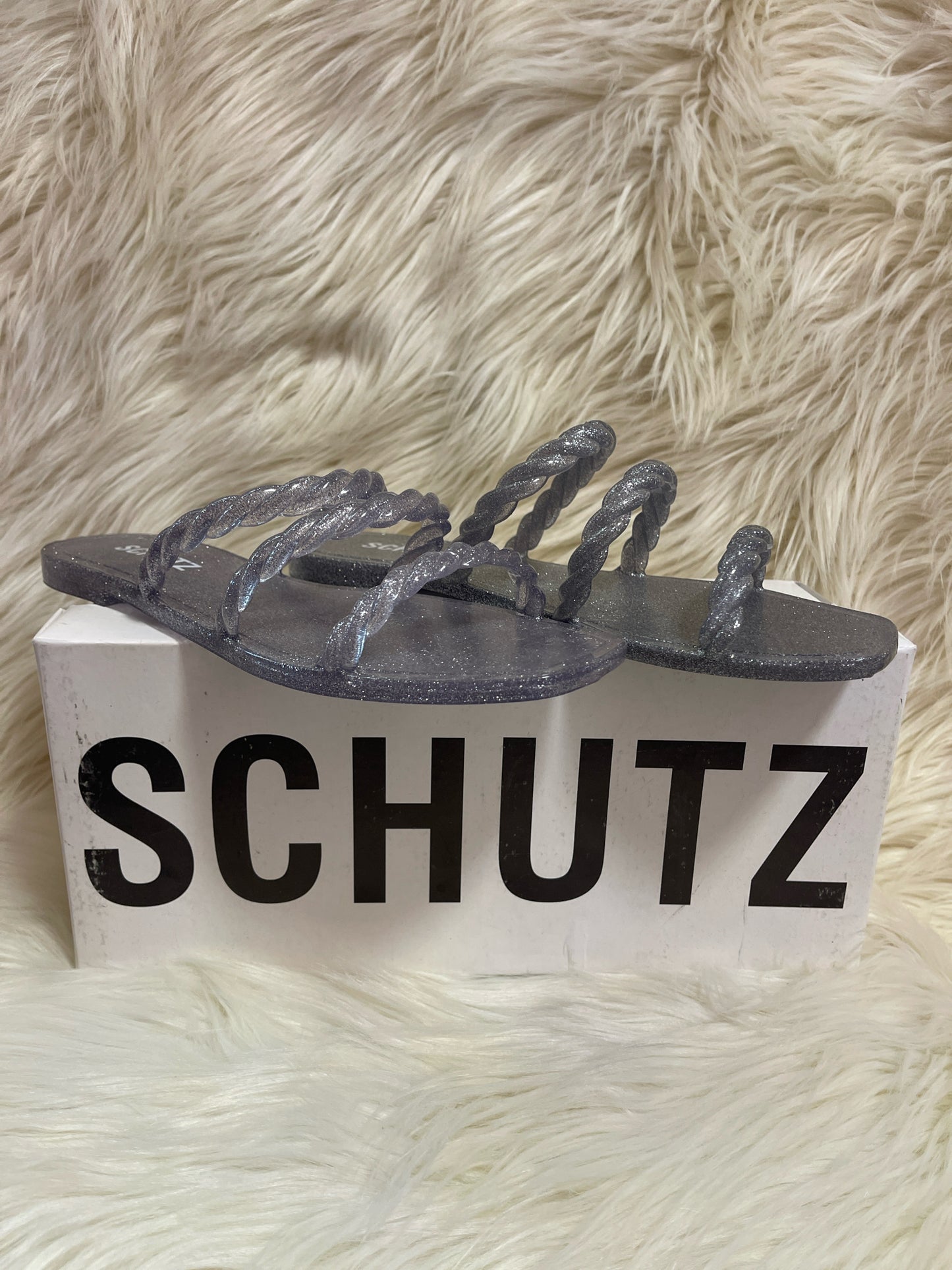 SCHUTZ DANDALIA SALTO RASTEIRO GLITTER SILVER SANDALS W BOX