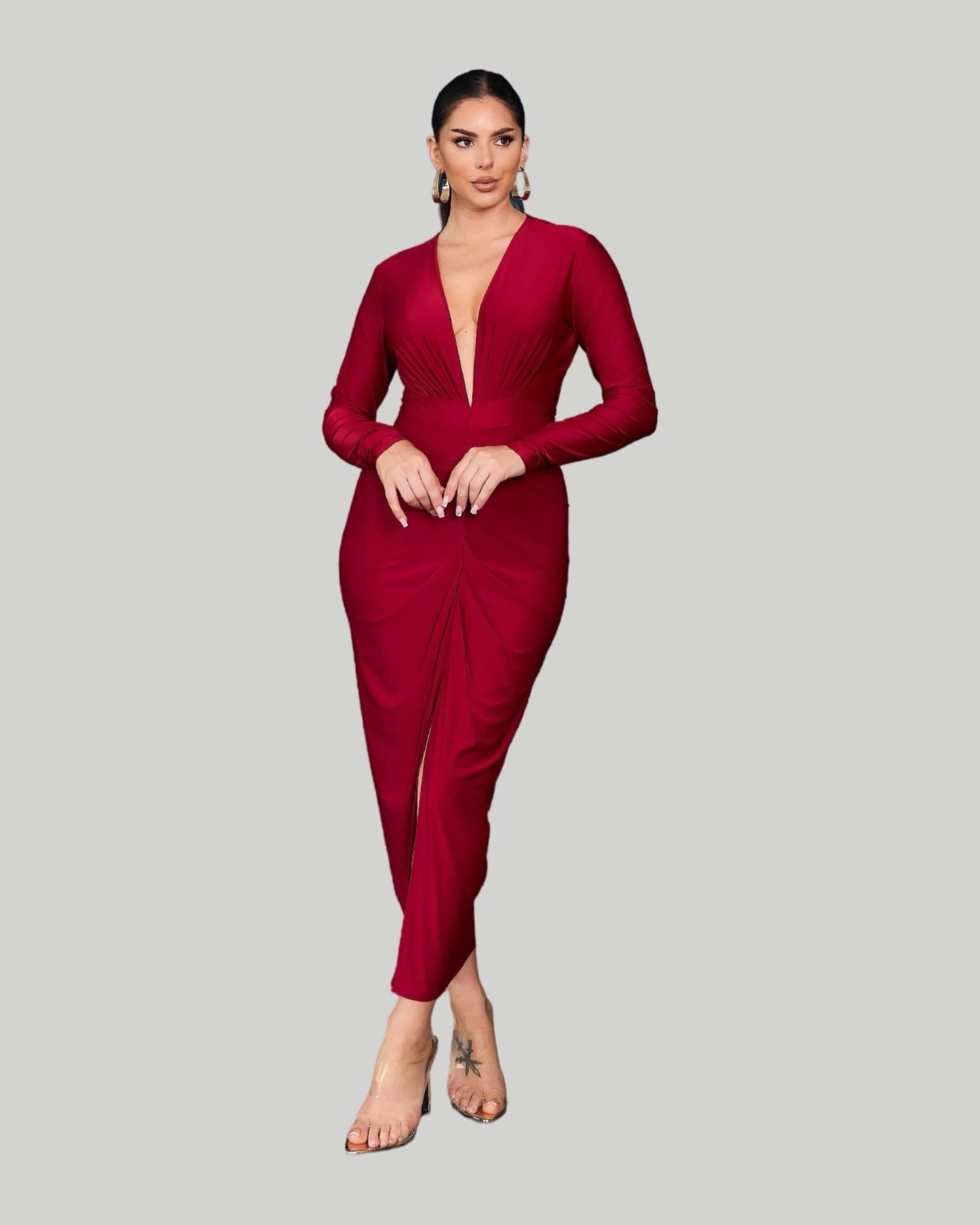 SOLID LONG SLEEVE DEEP V MIDI DRESS