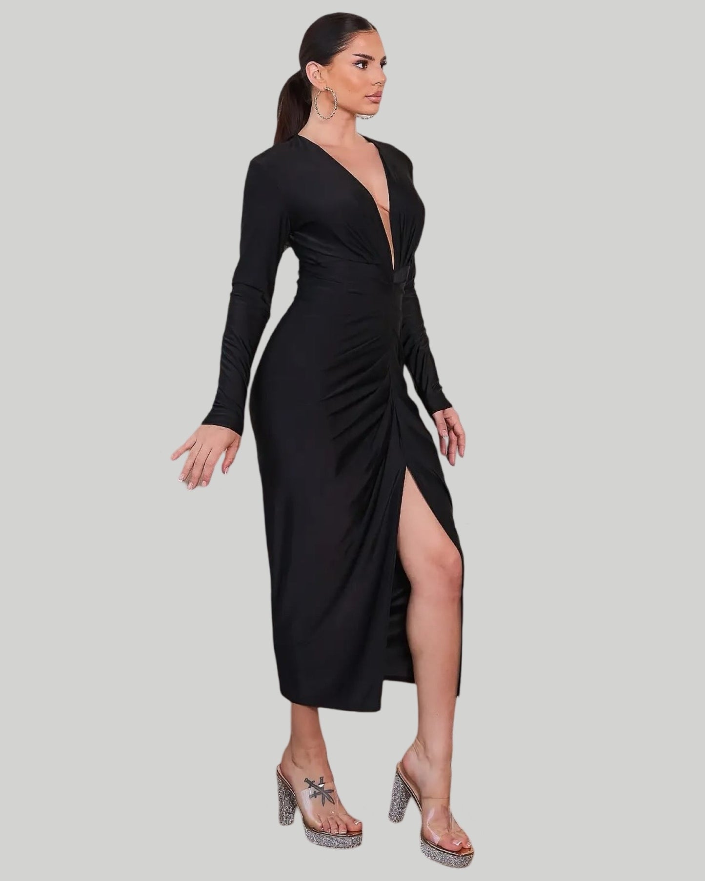 SOLID LONG SLEEVE DEEP V MIDI DRESS