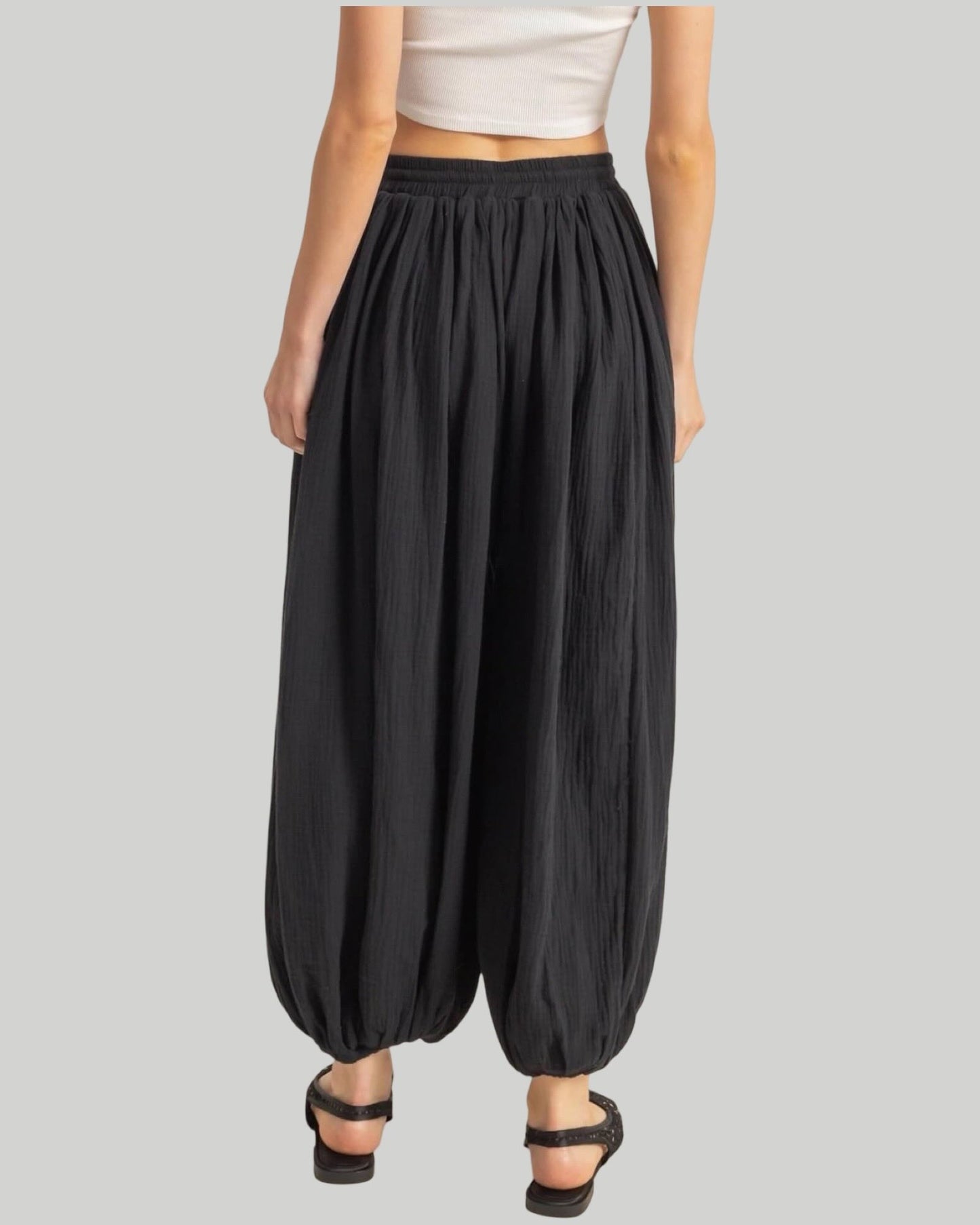 DOUBLE GAUZE BLACK HIGH WAIST BAGGY PANTS