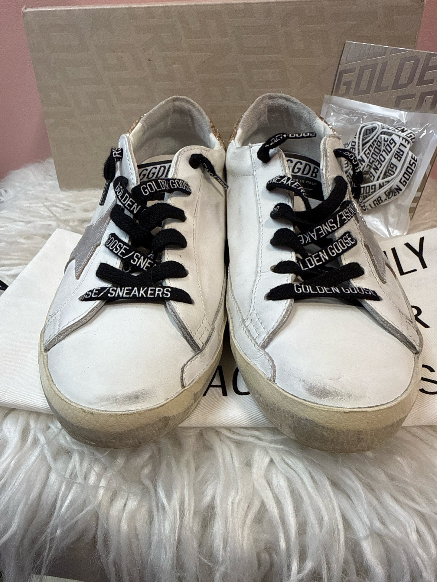 Golden Goose White Leather Super-Star with Glittery Heel tab