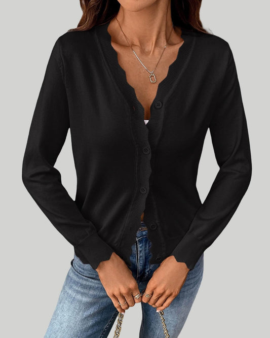 Solid Color V-Neck Lettuce Edge Knit Cardigan