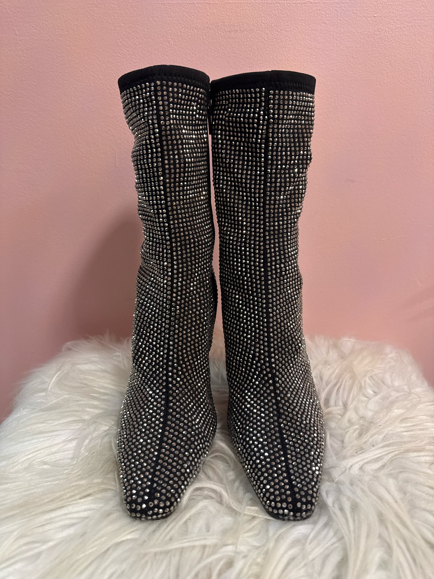 STEVE MADDEN BLACK SEQUINED POINTY TOE MID CALF BOOTS