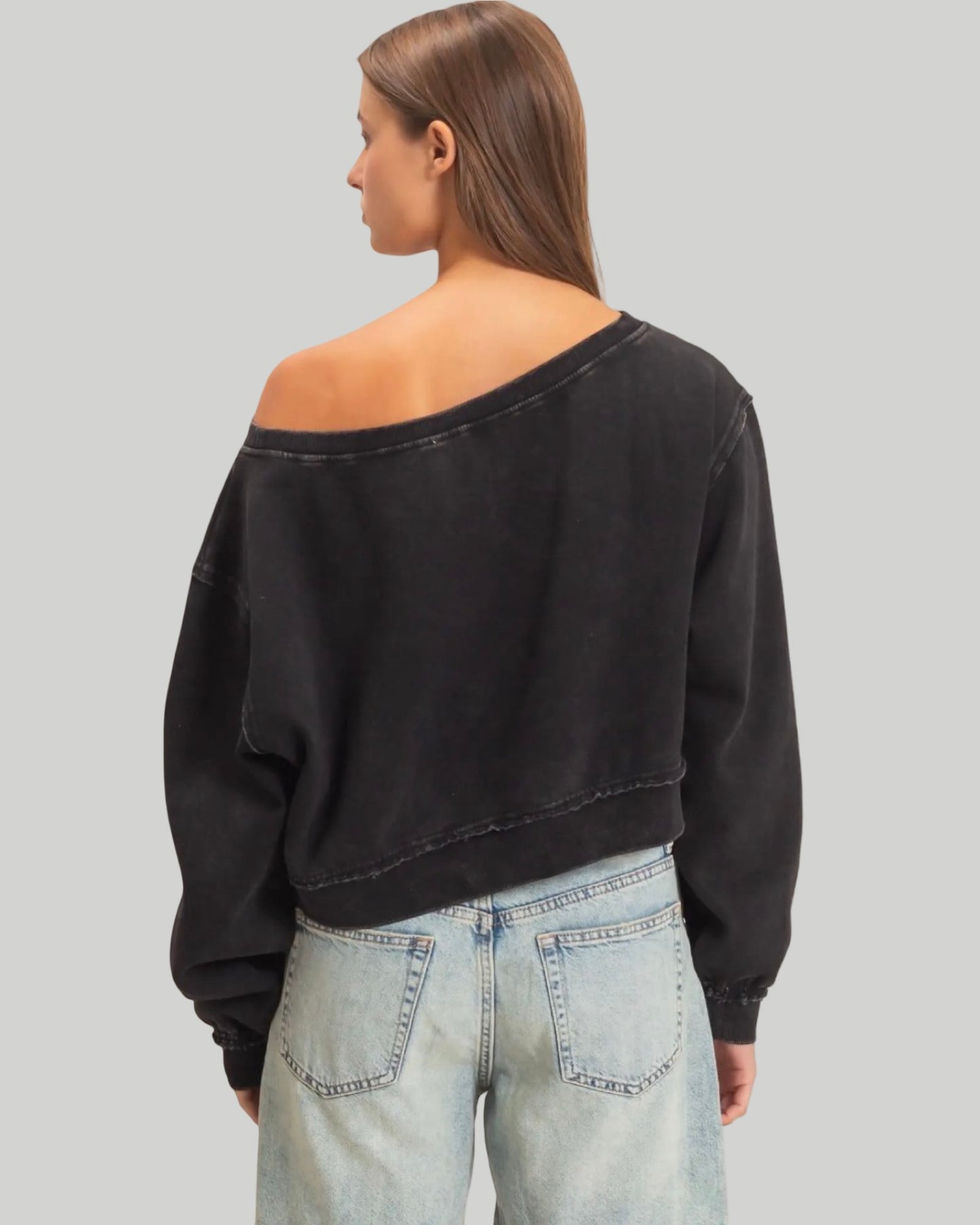 Raw Edge Acid Wash Off the Shoulder Sweatshirt