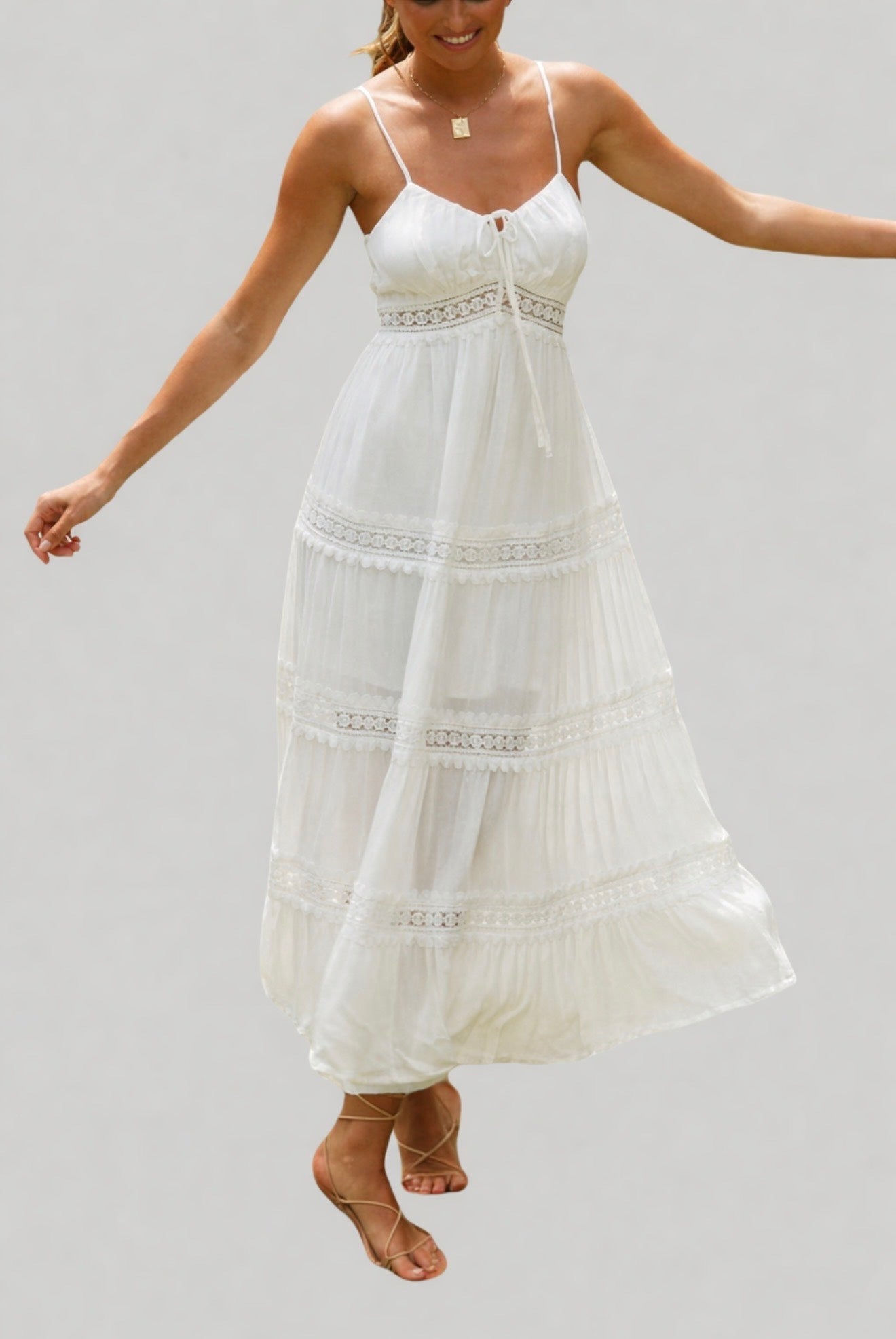 Boho Lace-Trimmed White Maxi Sundress