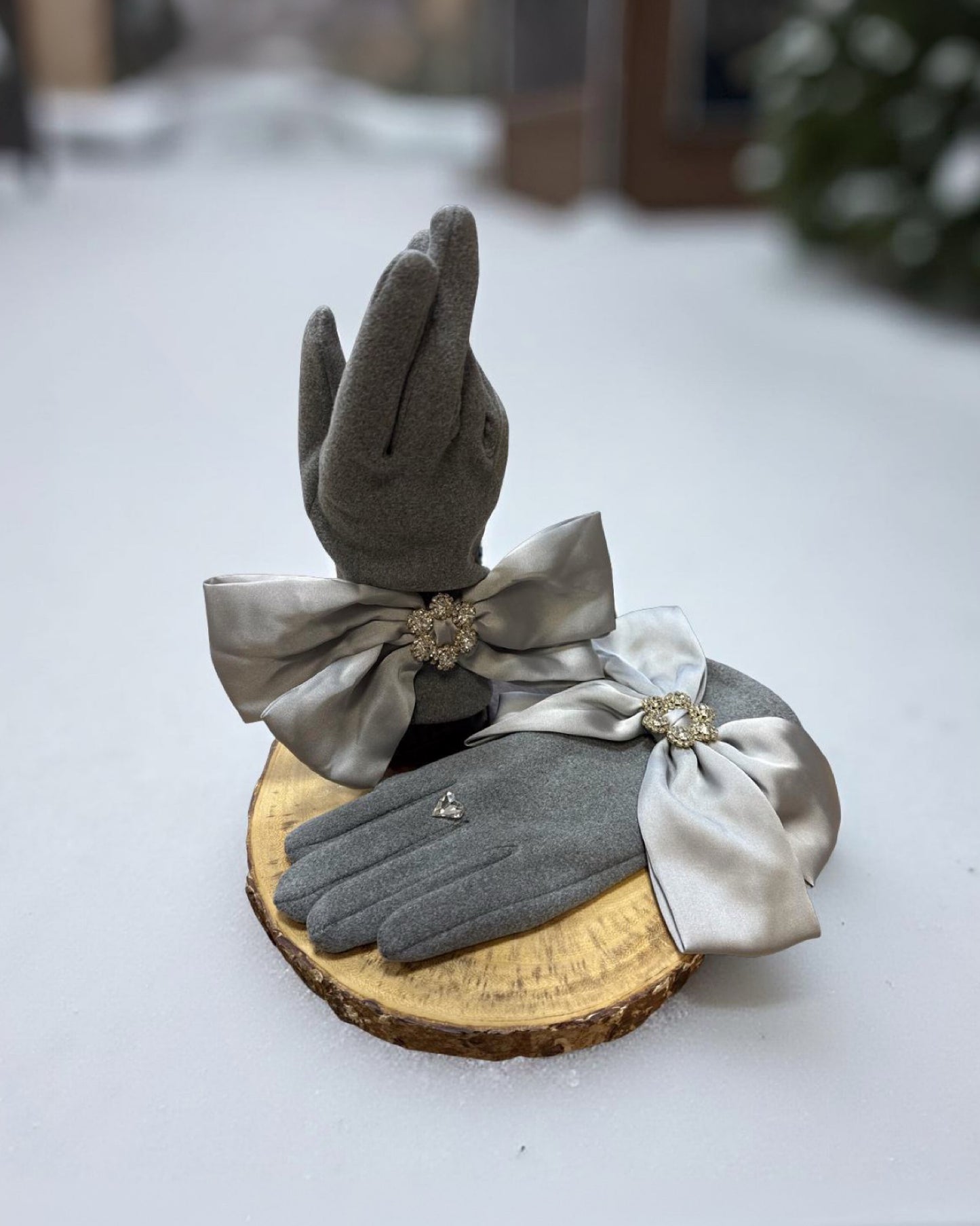 Silver Grey Large Satin Bow Gloves
