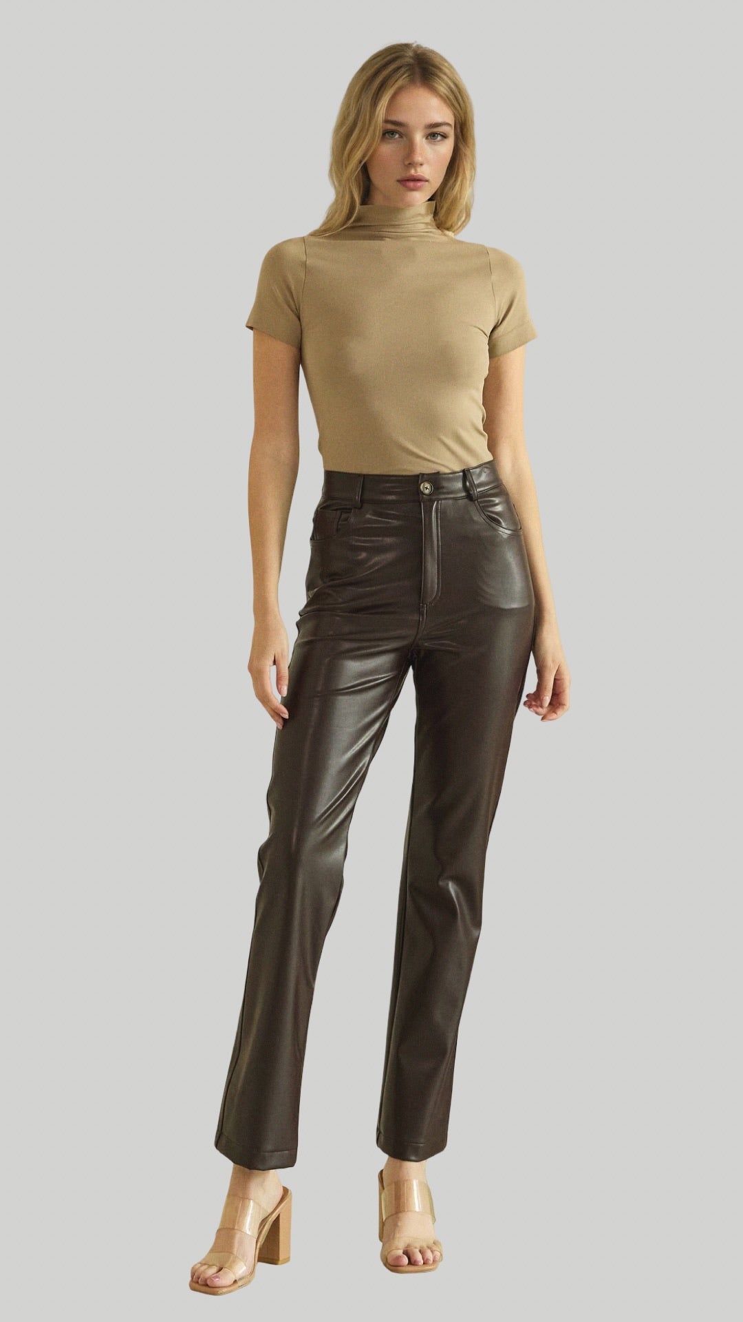 So Edgy Faux Leather Straight-Leg High-Rise Pants in Burgundy Black Chocolate