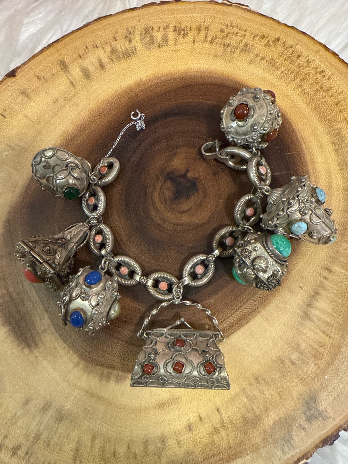 Vintage Etruscan Revival Charm Bracelet 800 Silver Natural Stones