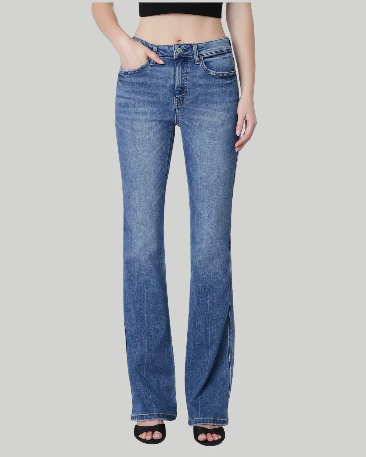 High Rise Medium Dark Wash Full Length Bootcut Jeans ERR-FREE