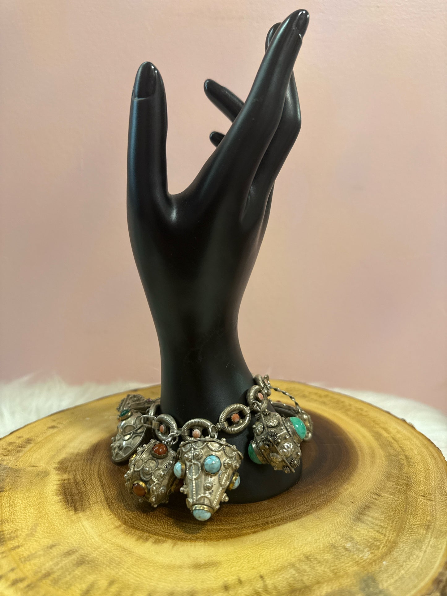 Vintage Etruscan Revival Charm Bracelet 800 Silver Natural Stones