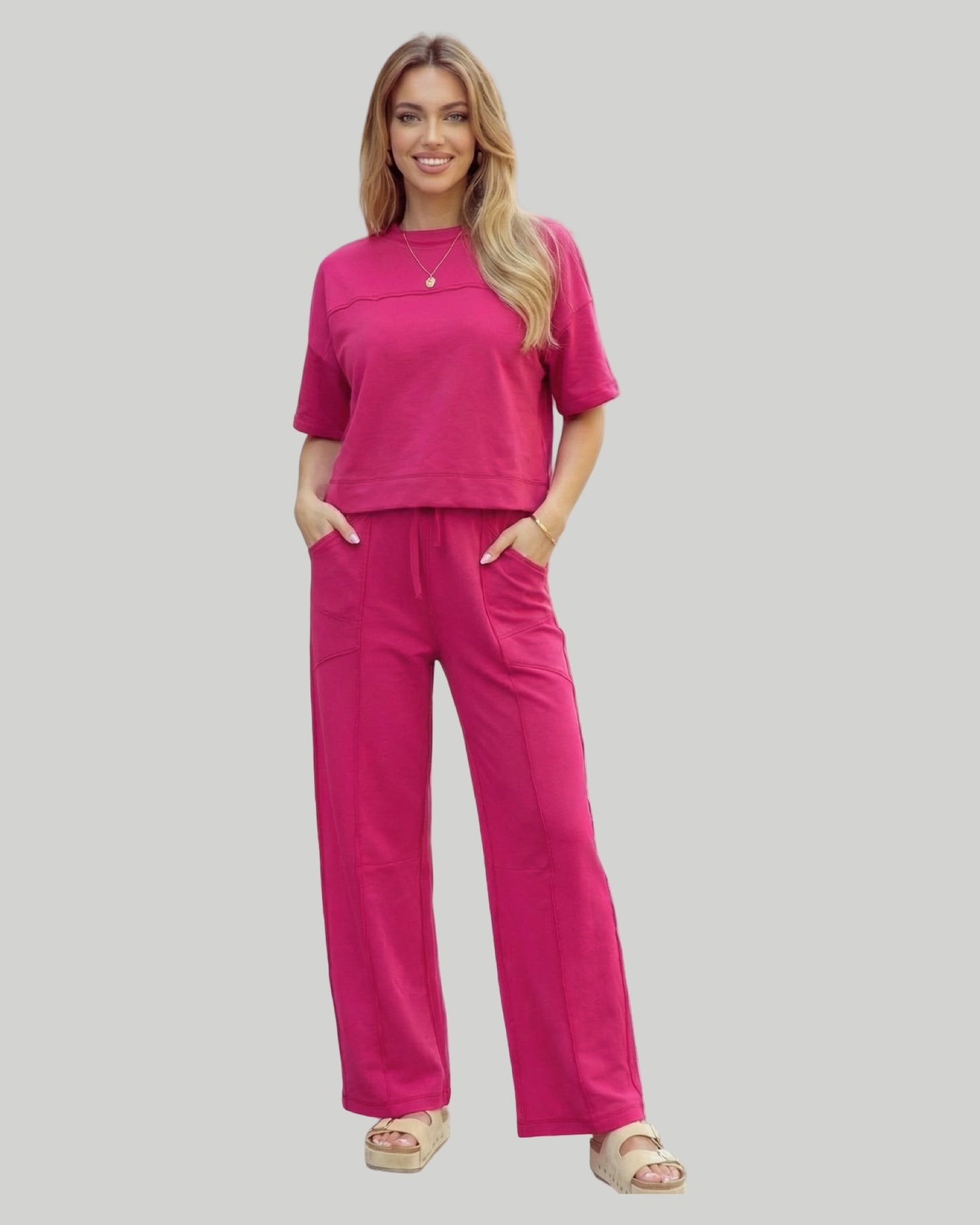 Pullover Short Sleeve Top with Matching Elastic Drawstring Pants