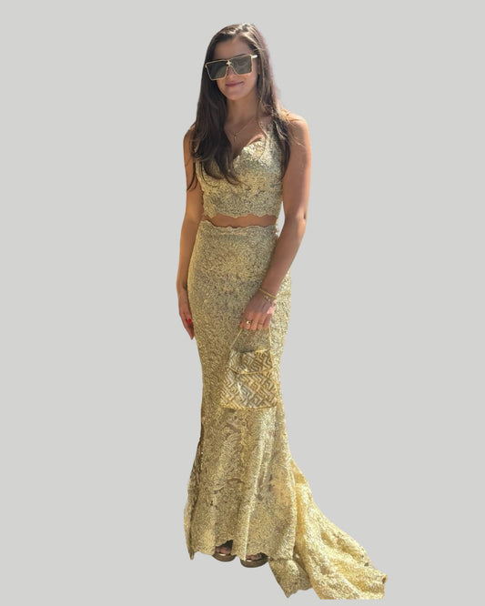 SHERRI HILL 2 Piece Gold Lace Gown